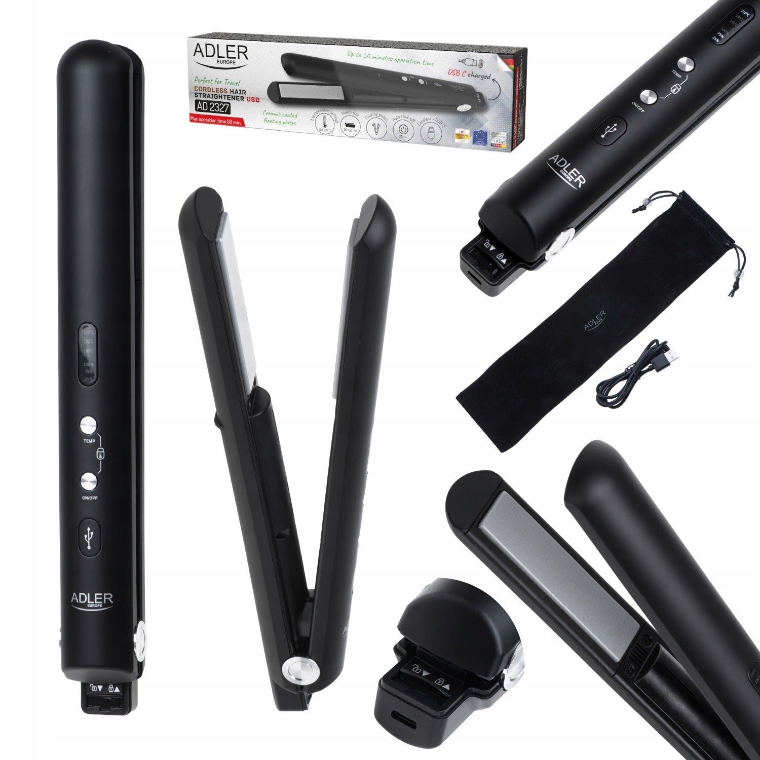 CERAMIC STRAIGHTENER WIRELESS TRAVEL USB LED TEMP ADJUSTMENT + CASE