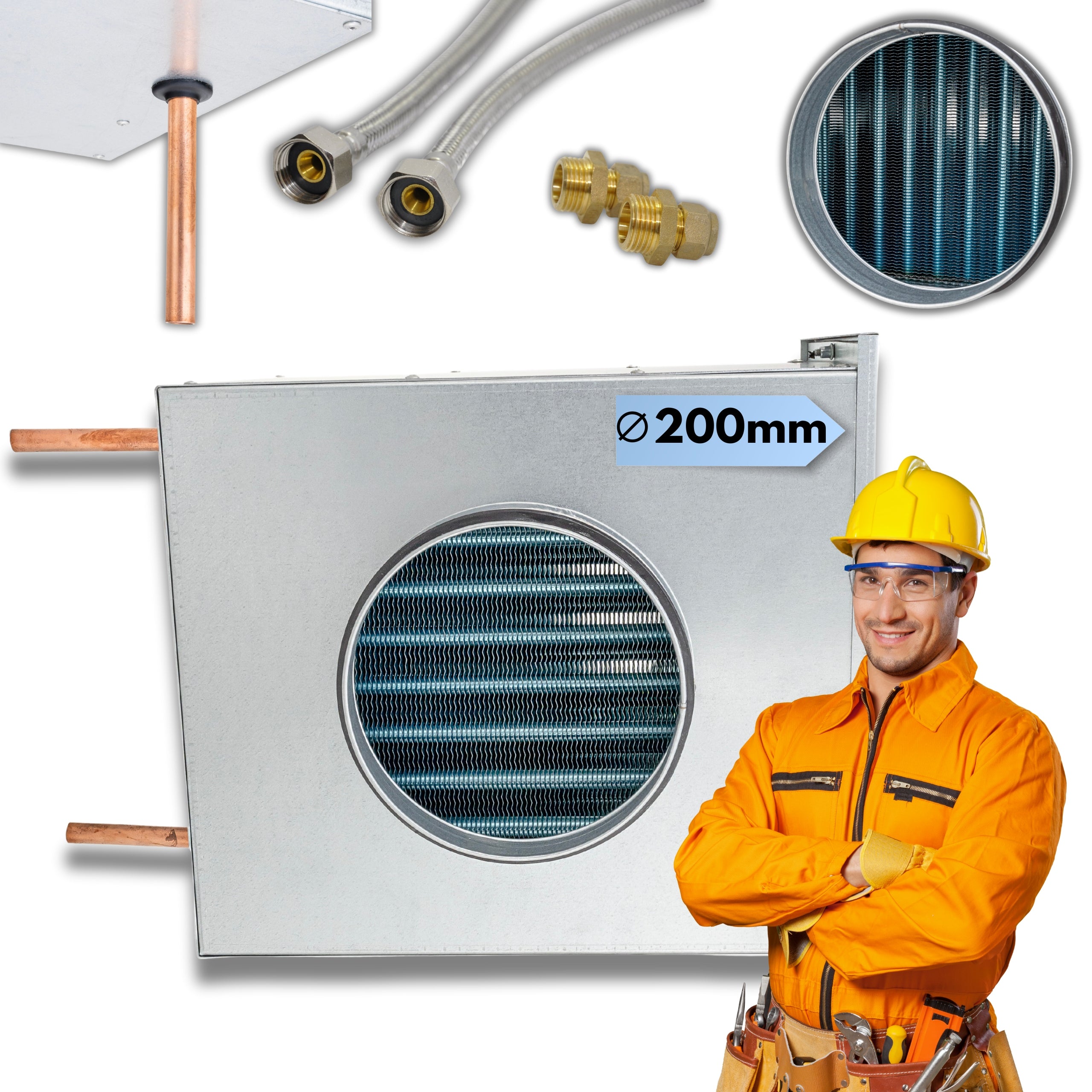 CHANNEL WATER HEATER Ø 200 mm Recuperation + Fittings + Hoses Sheet metal