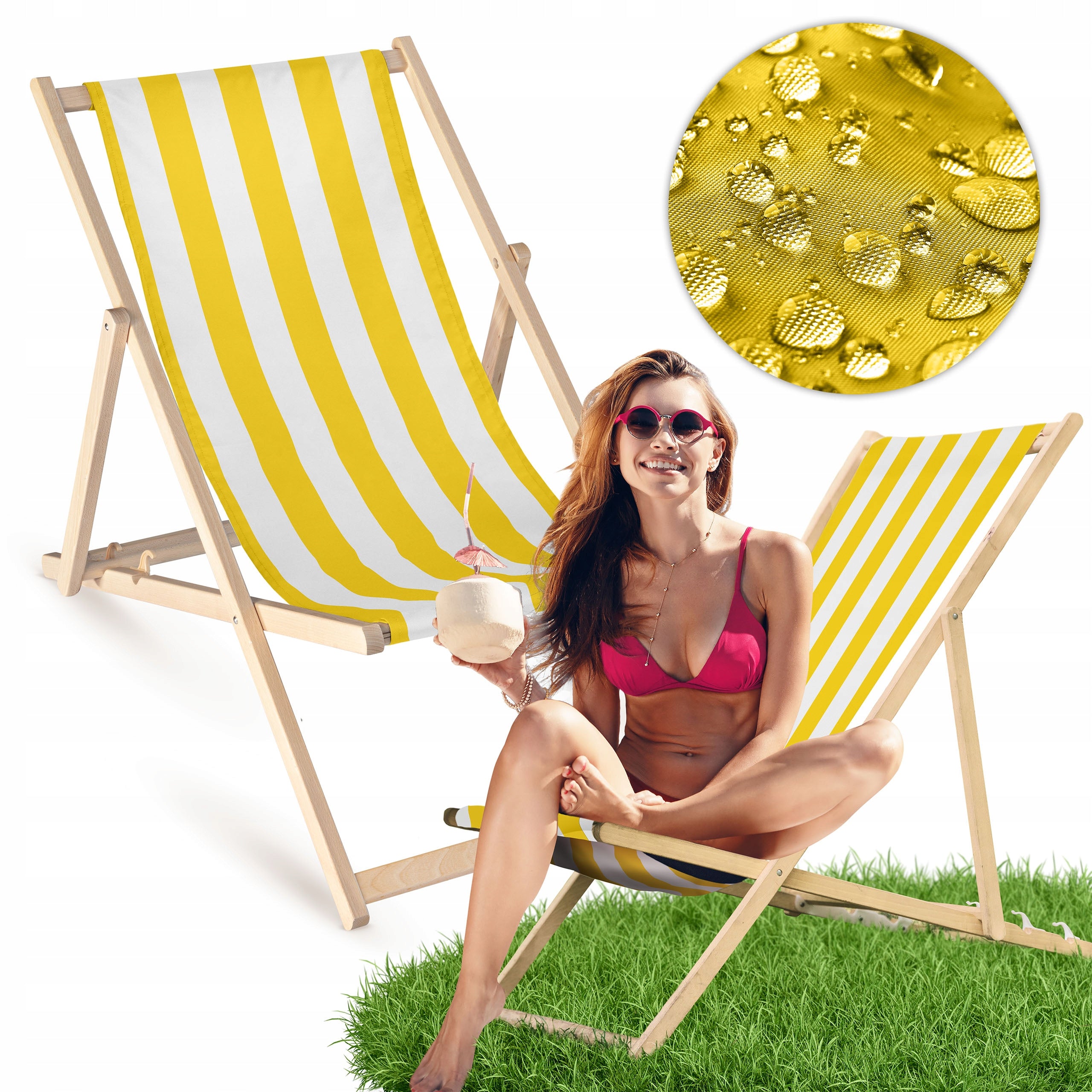 CHARMING YELLOW STRIPED GARDEN LOUNGER ECO BEECH WOOD LOUNGER FOLDING