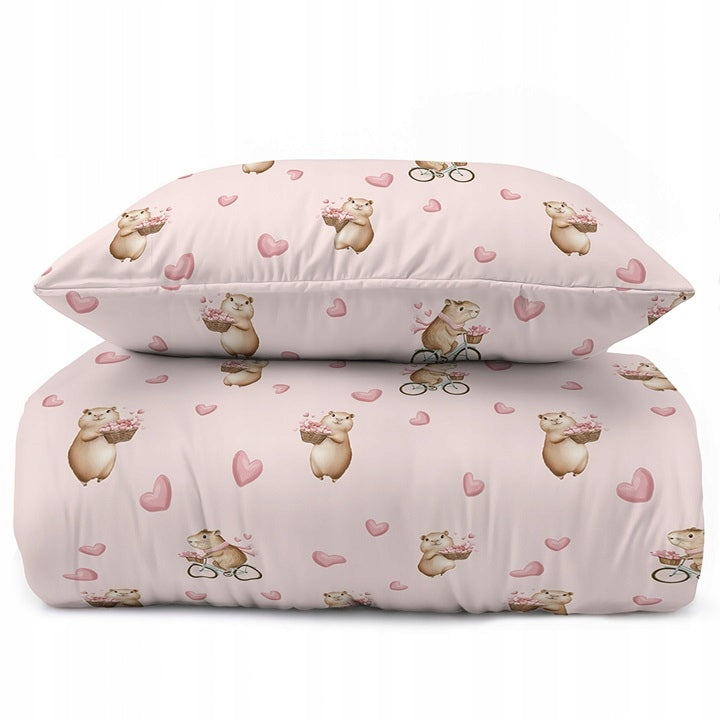 CHILDREN'S BEDDING 160x200cm KAPIBARA XOXO HEART KAPIBARY BIKE PINK