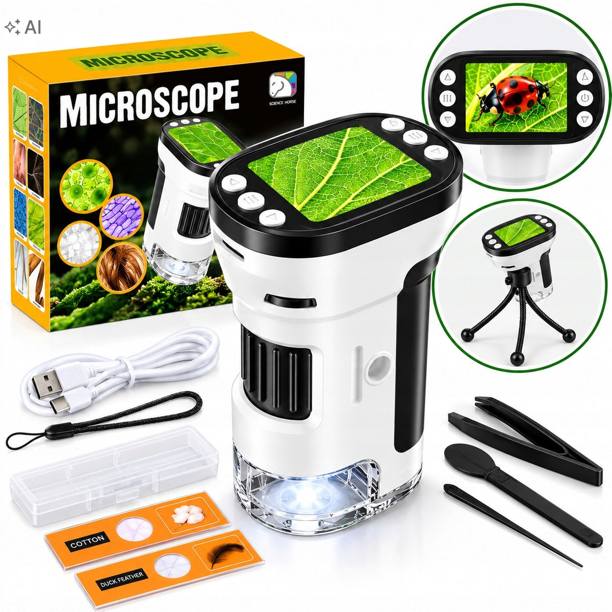 CHILDREN'S DIGITAL MICROSCOPE SCREEN 2 inch LED USB APPROXIMATION 1000x TRIPOD