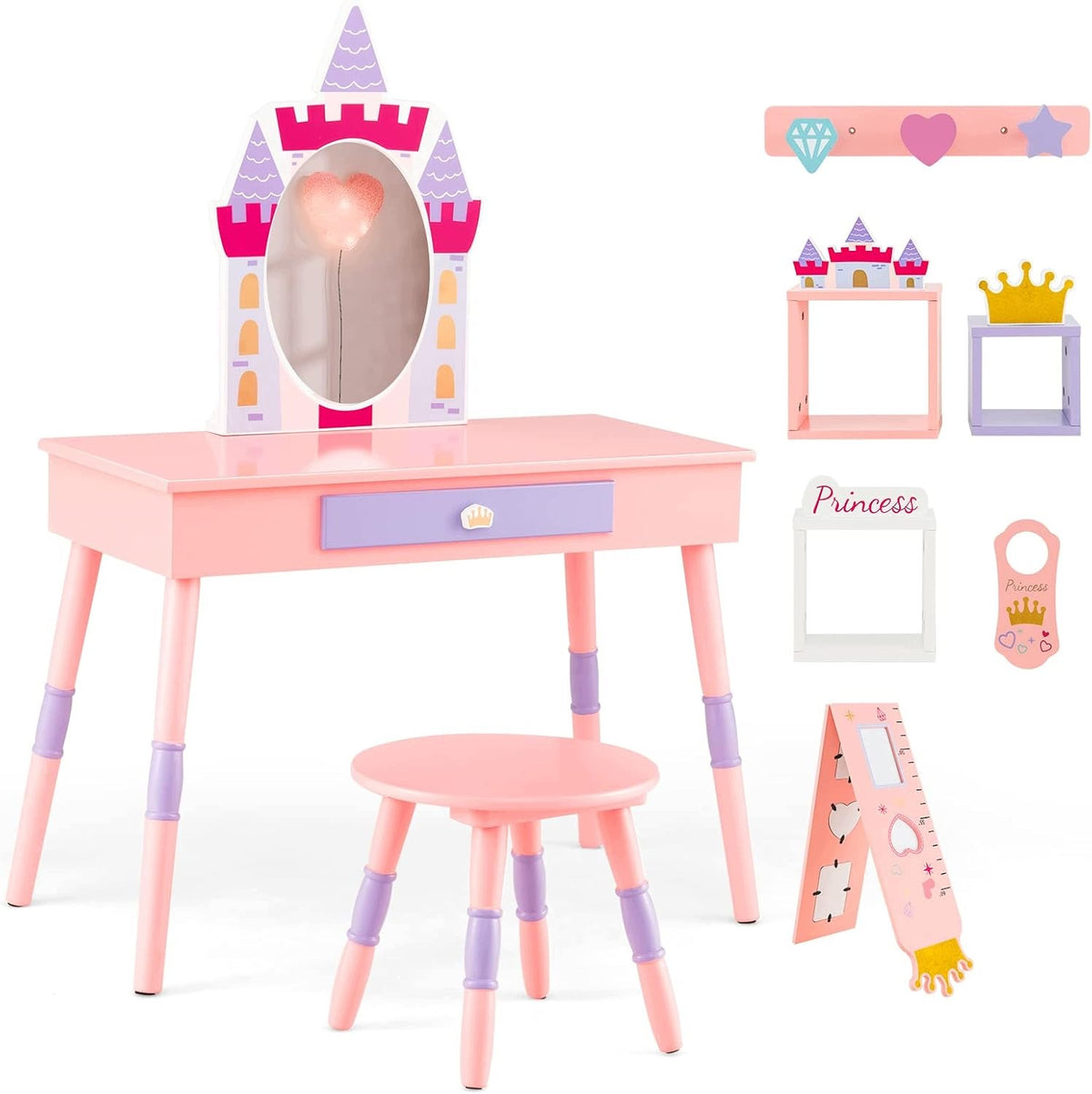 CHILDREN'S DRESSING TABLE 2IN1 WITH MIRROR STOOL DESK WOODEN PINK ACCESSORIES Manufacturer code HY10100PI