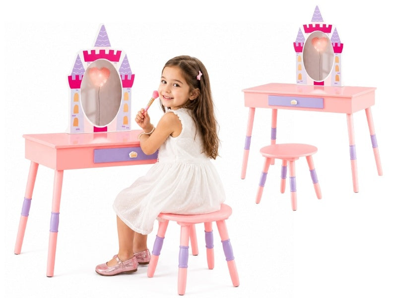 CHILDREN'S DRESSING TABLE 2IN1 WITH MIRROR STOOL DESK WOODEN PINK ACCESSORIES