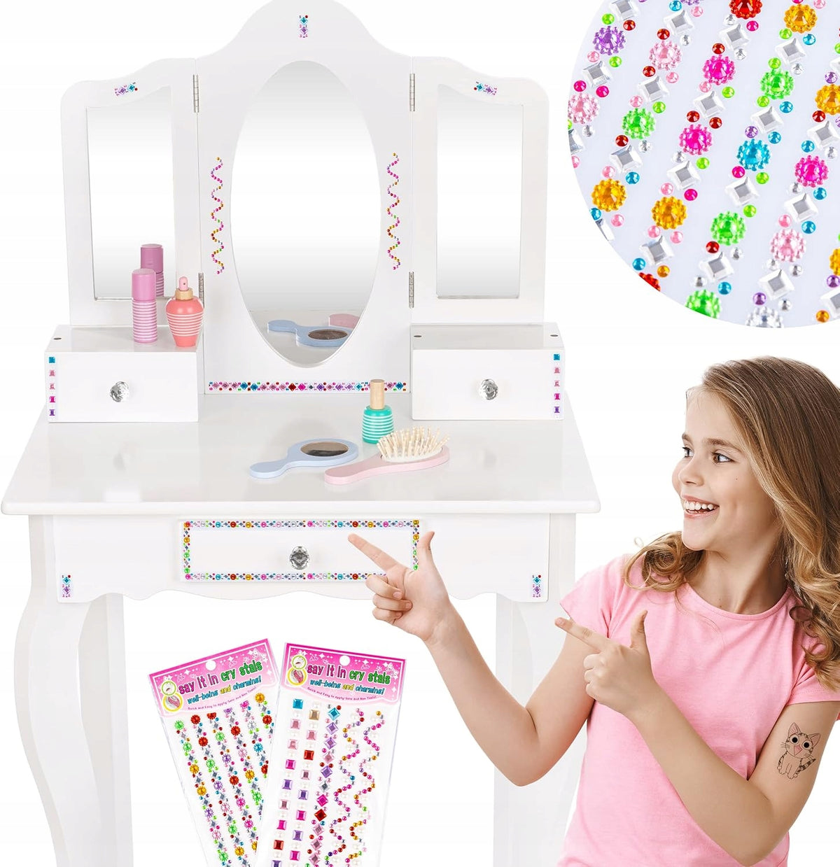 CHILDREN'S DRESSING TABLE FOR GIRLS WITH MIRROR AKCESORIA AND CHILDREN'S STOOL Manufacturer code TOALETKA DZIECIĘCA DLA DZIEWCZYNKI TABORET