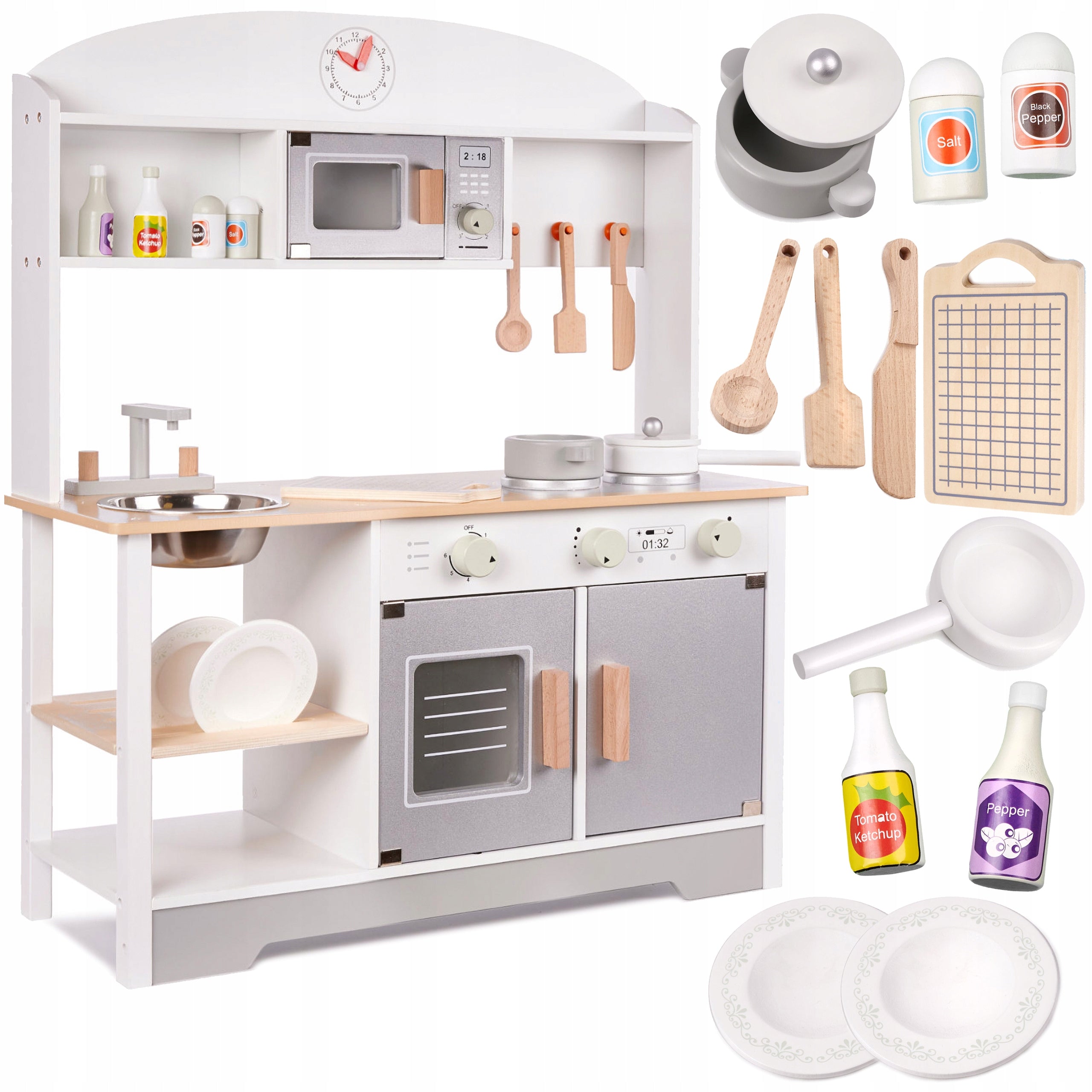 CHILDREN'S KITCHEN WOODEN LARGE ACCESSORIES FOR KITCHEN POTS CUTLERY 82CM Brand Ikonka
