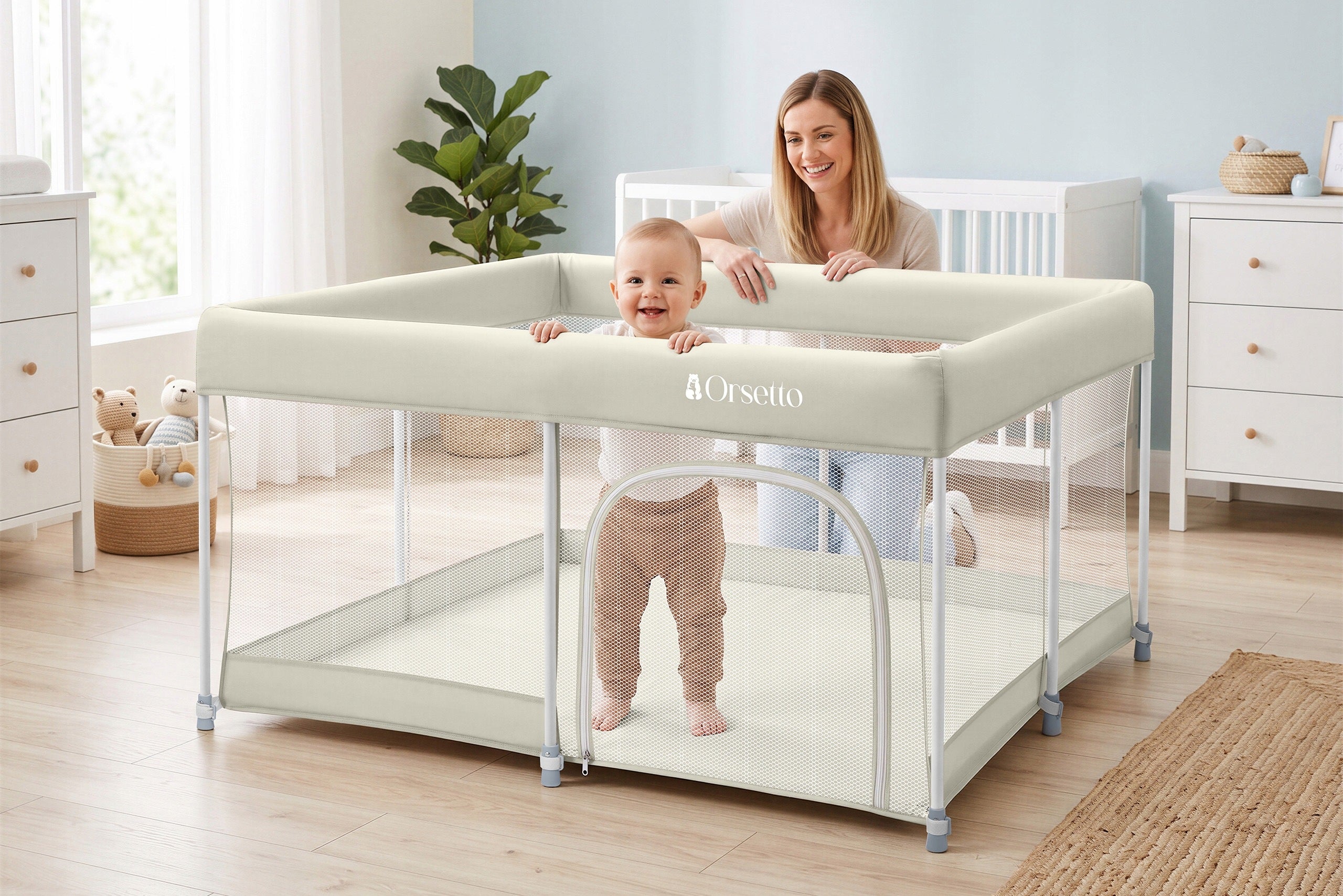 CHILDREN'S PLAYPEN 127x127 cm AUTOMATICALLY FOLDING QUICK FOLD ORSETTO BEIGE Brand Orsetto
