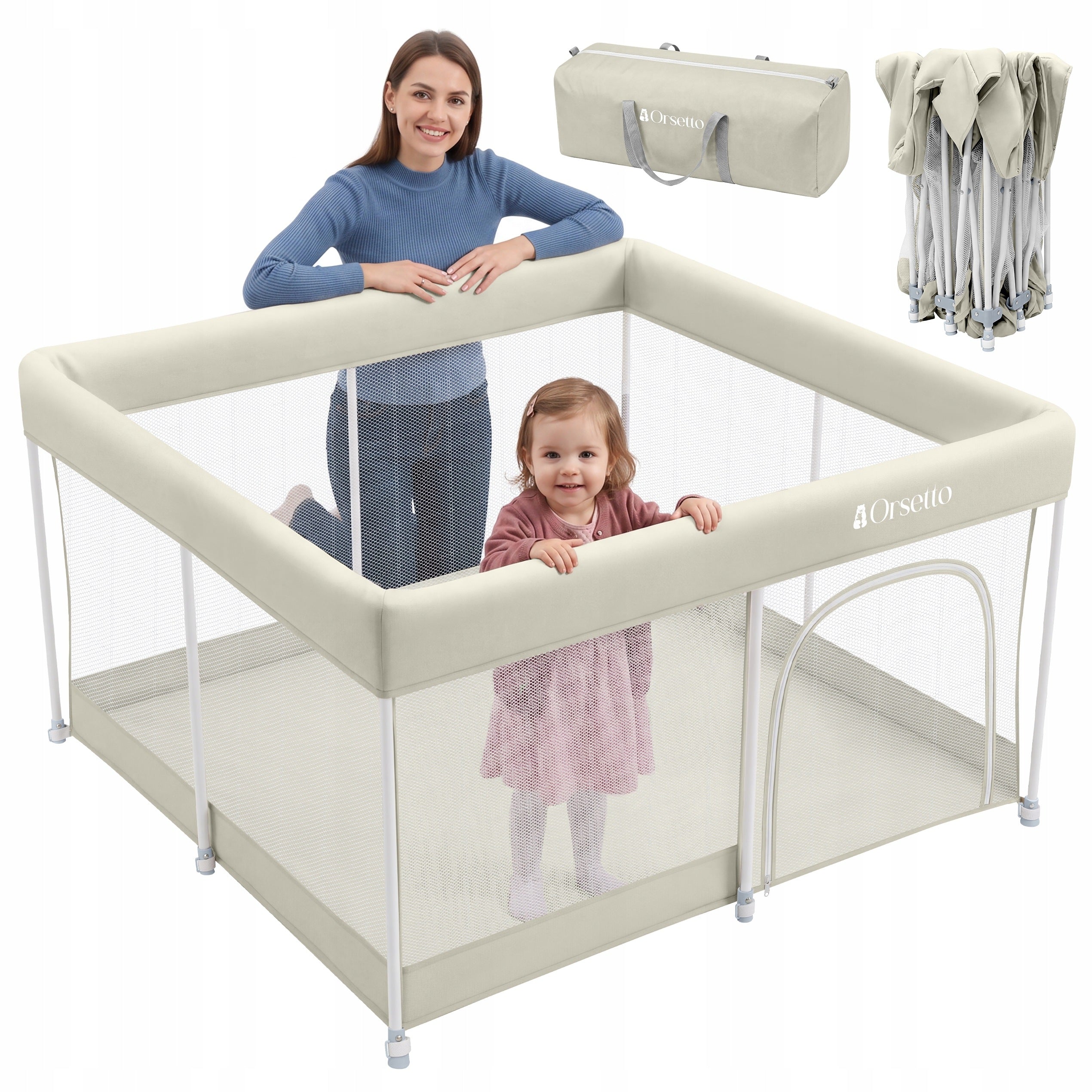 CHILDREN'S PLAYPEN 127x127 cm AUTOMATICALLY FOLDING QUICK FOLD ORSETTO BEIGE