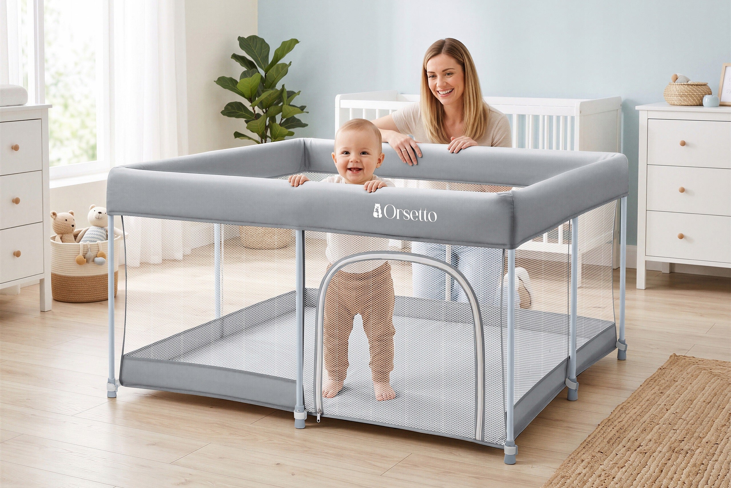 CHILDREN'S PLAYPEN 127x127 cm AUTOMATICALLY FOLDING QUICK FOLD ORSETTO GREY Brand Orsetto
