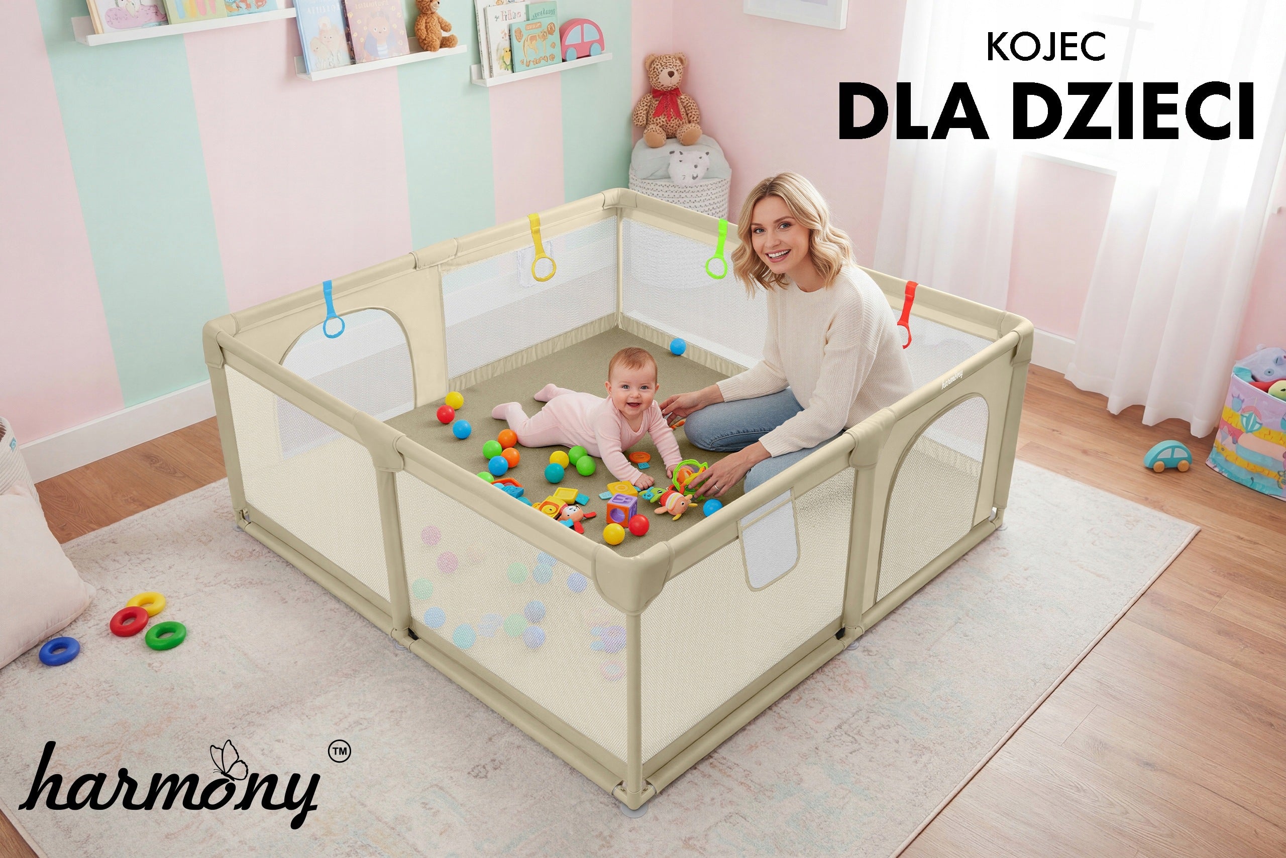 CHILDREN'S PLAYPEN 140x140 cm SQUARE TOYS DRY POOL HANDLES 50 BALLS BEIGE Brand Harmony