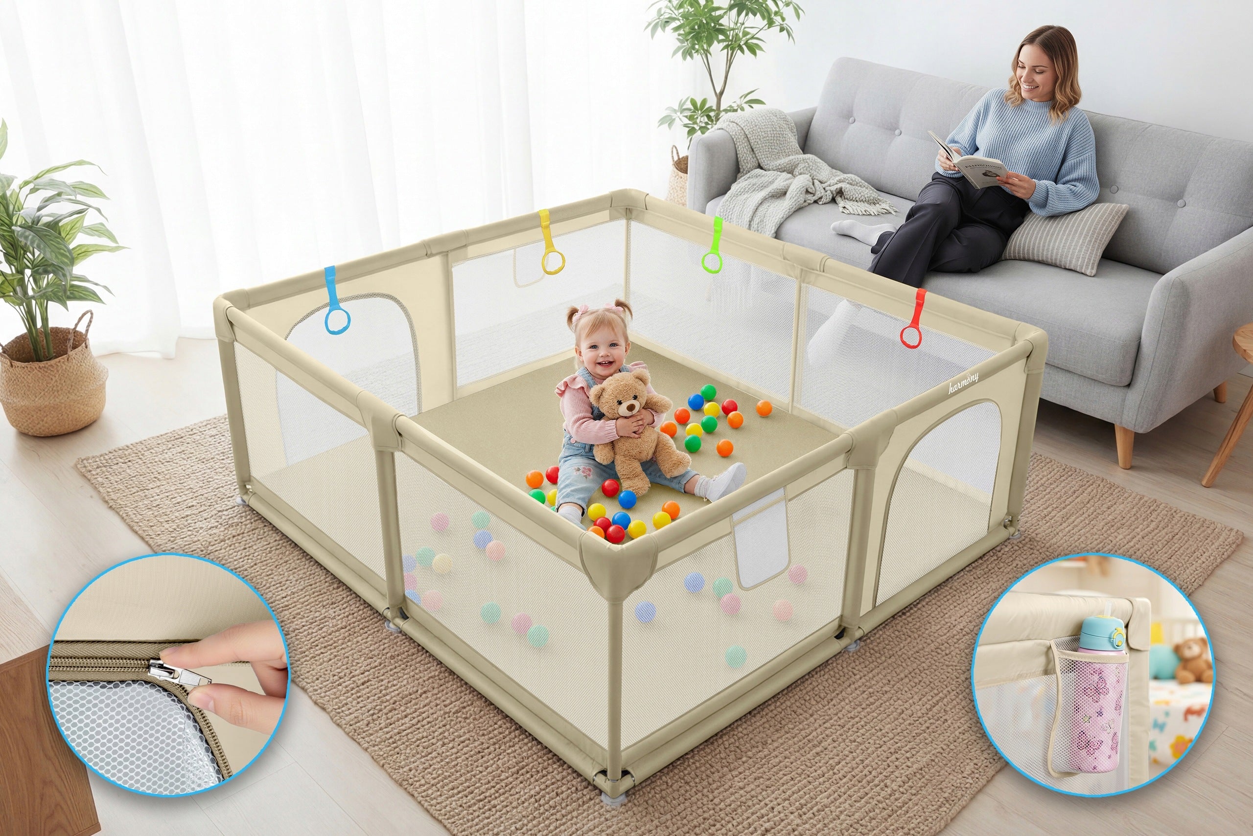 CHILDREN'S PLAYPEN 140x140 cm SQUARE TOYS DRY POOL HANDLES 50 BALLS BEIGE Kind playpen