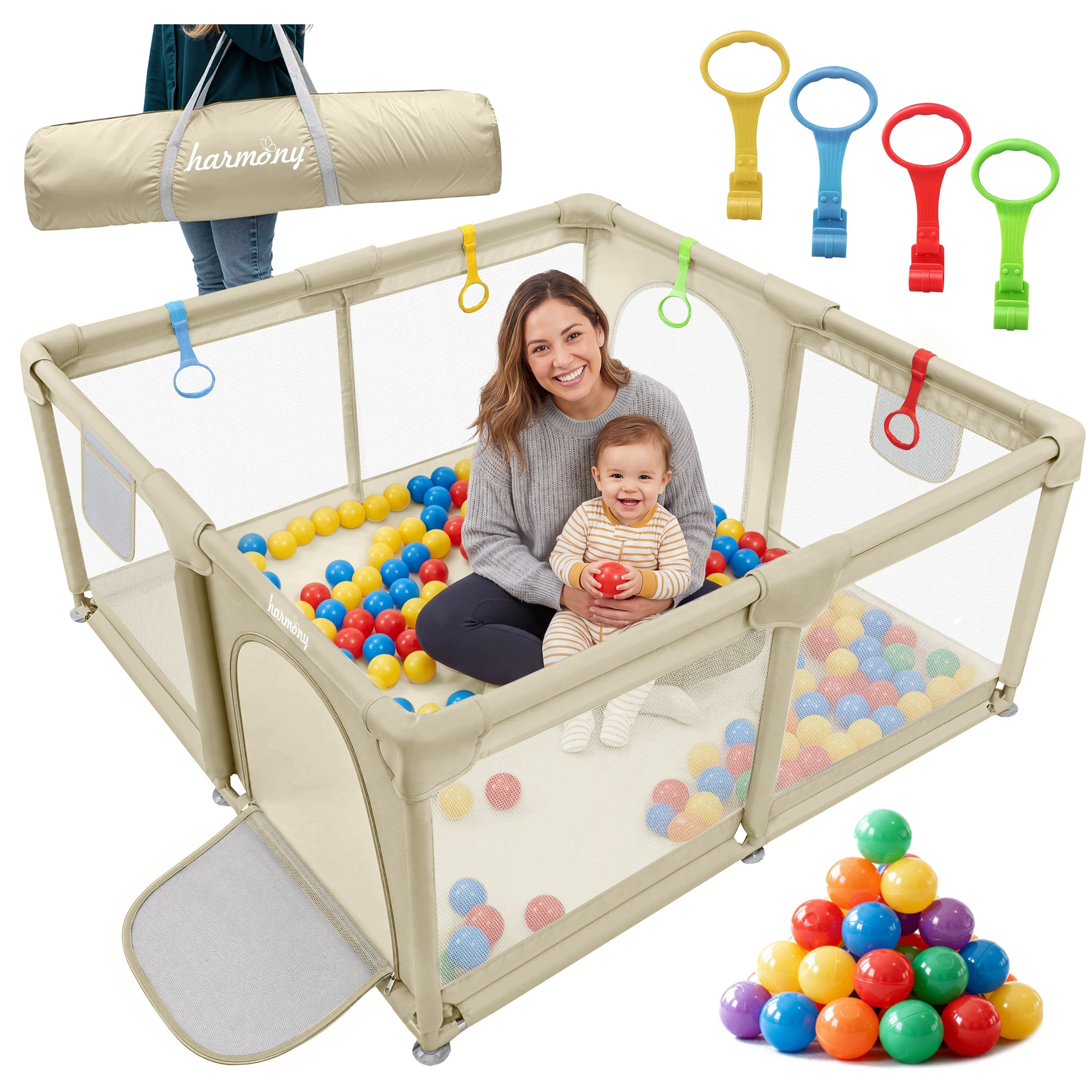 CHILDREN'S PLAYPEN 140x140 cm SQUARE TOYS DRY POOL HANDLES 50 BALLS BEIGE