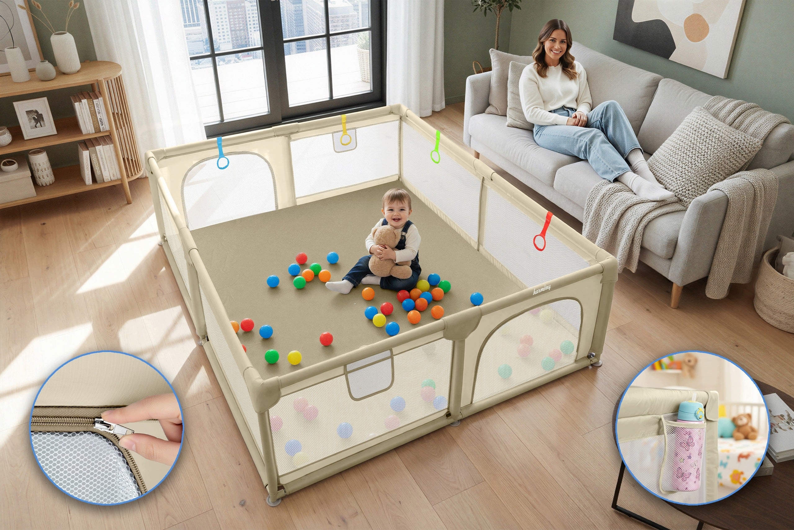 CHILDREN'S PLAYPEN 150x180 cm SQUARE TOYS DRY POOL HANDLES 50 BALLS BEIGE Kind playpen