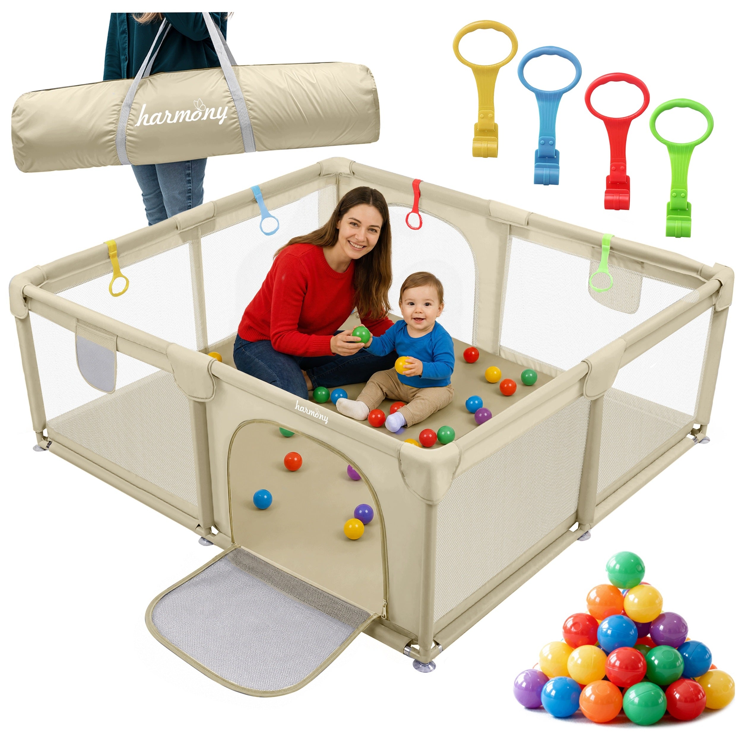CHILDREN'S PLAYPEN 150x180 cm SQUARE TOYS DRY POOL HANDLES 50 BALLS BEIGE