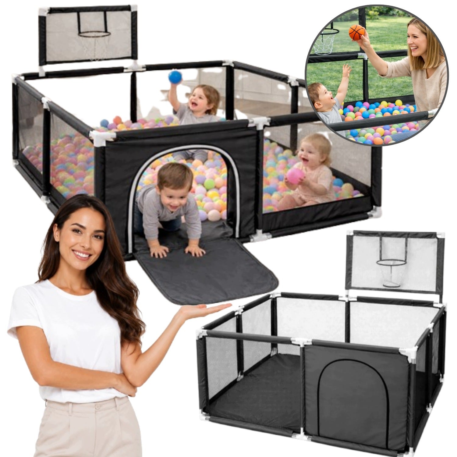 CHILDREN'S PLAYPEN FOLDED SQUARE TOYS HOME SET BASKET + BALLS 130x130CM