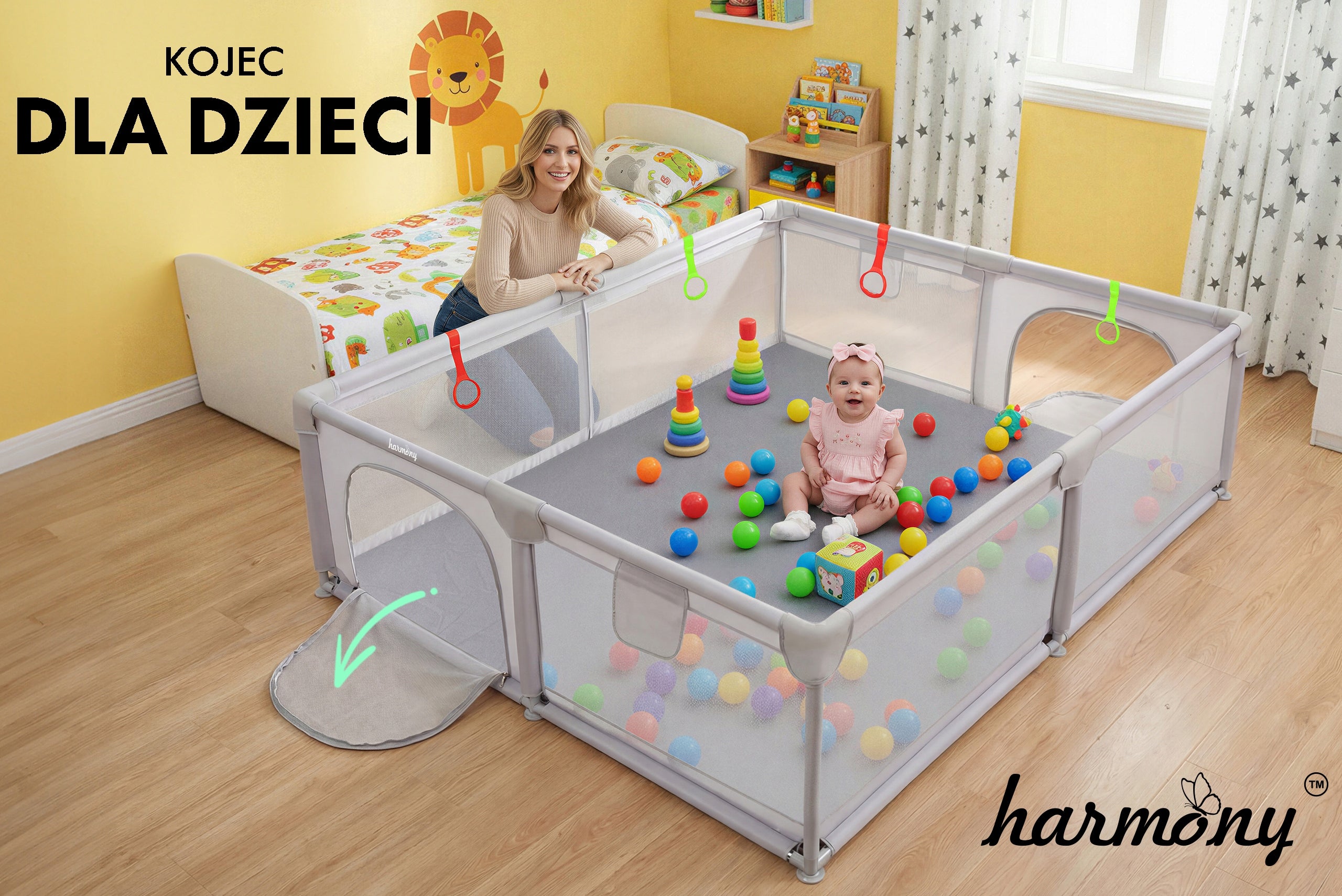 CHILDREN'S PLAYPEN HARMONY 140x200 cm SQUARE TOYS + 4x HANDLES + 50 BALLS Brand Harmony