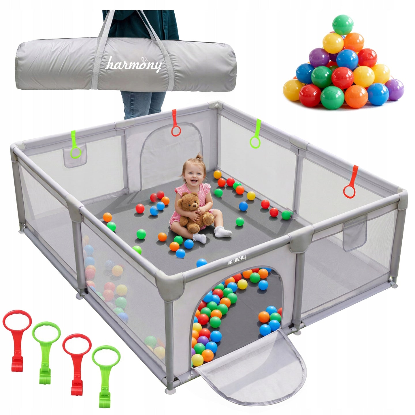 CHILDREN'S PLAYPEN HARMONY 140x200 cm SQUARE TOYS + 4x HANDLES + 50 BALLS