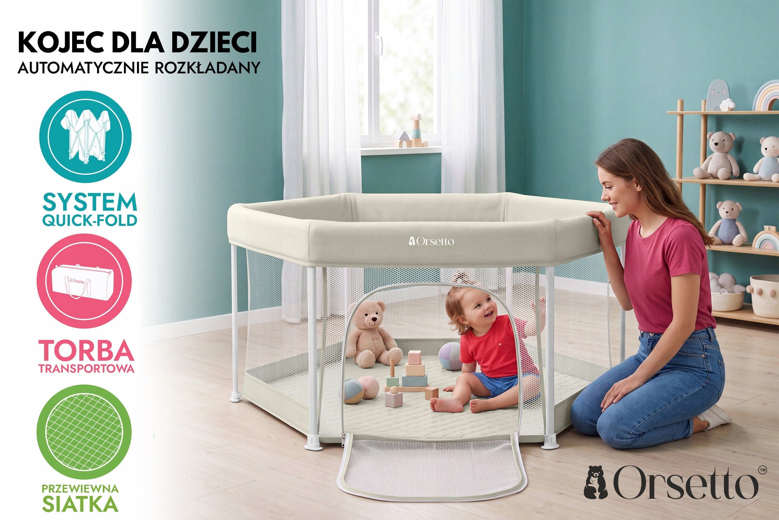 CHILDREN'S PLAYPEN HEXAGONAL ORSETTO AUTOMATICALLY FOLDING QUICK FOLD BEIGE Brand Orsetto