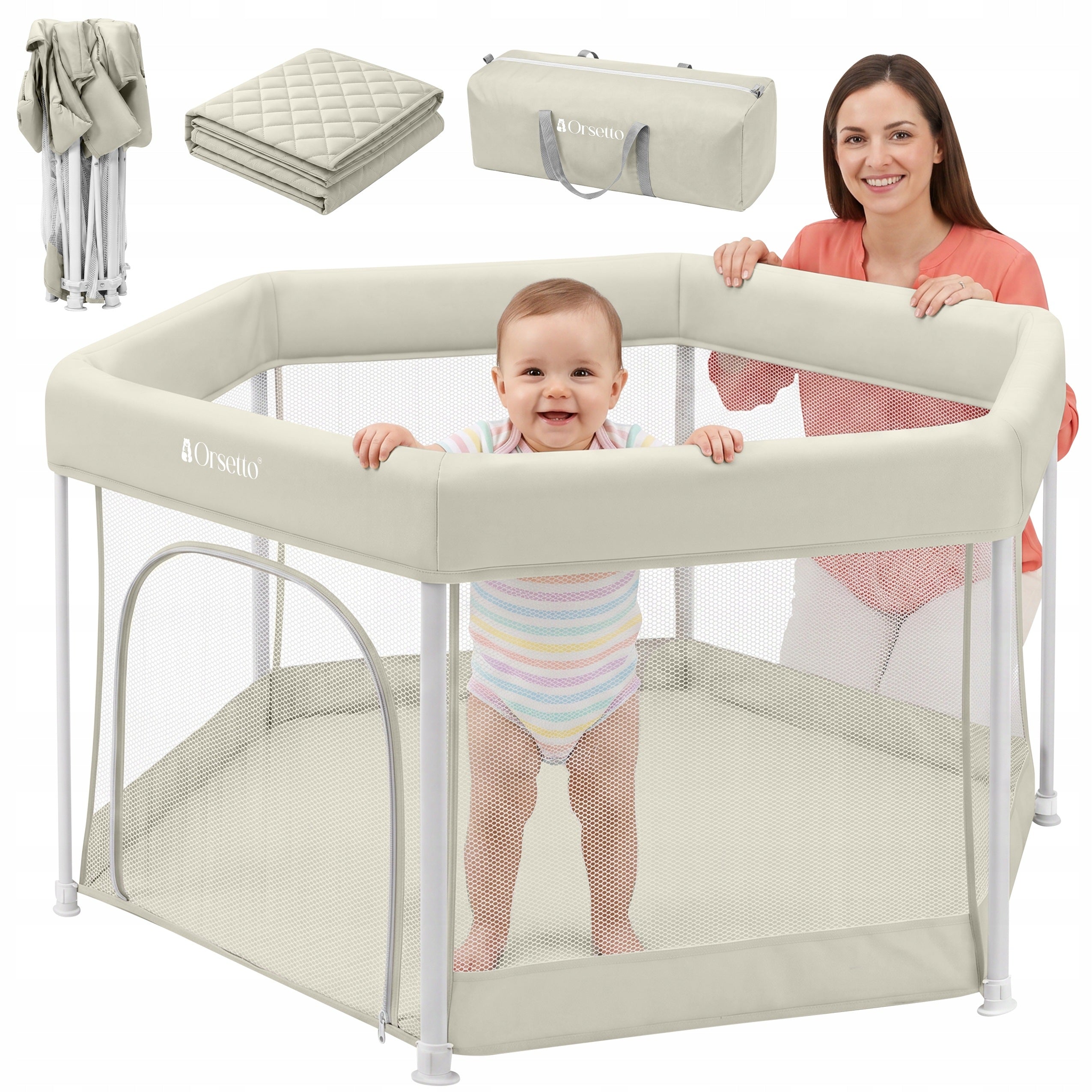 CHILDREN'S PLAYPEN HEXAGONAL ORSETTO AUTOMATICALLY FOLDING QUICK FOLD BEIGE