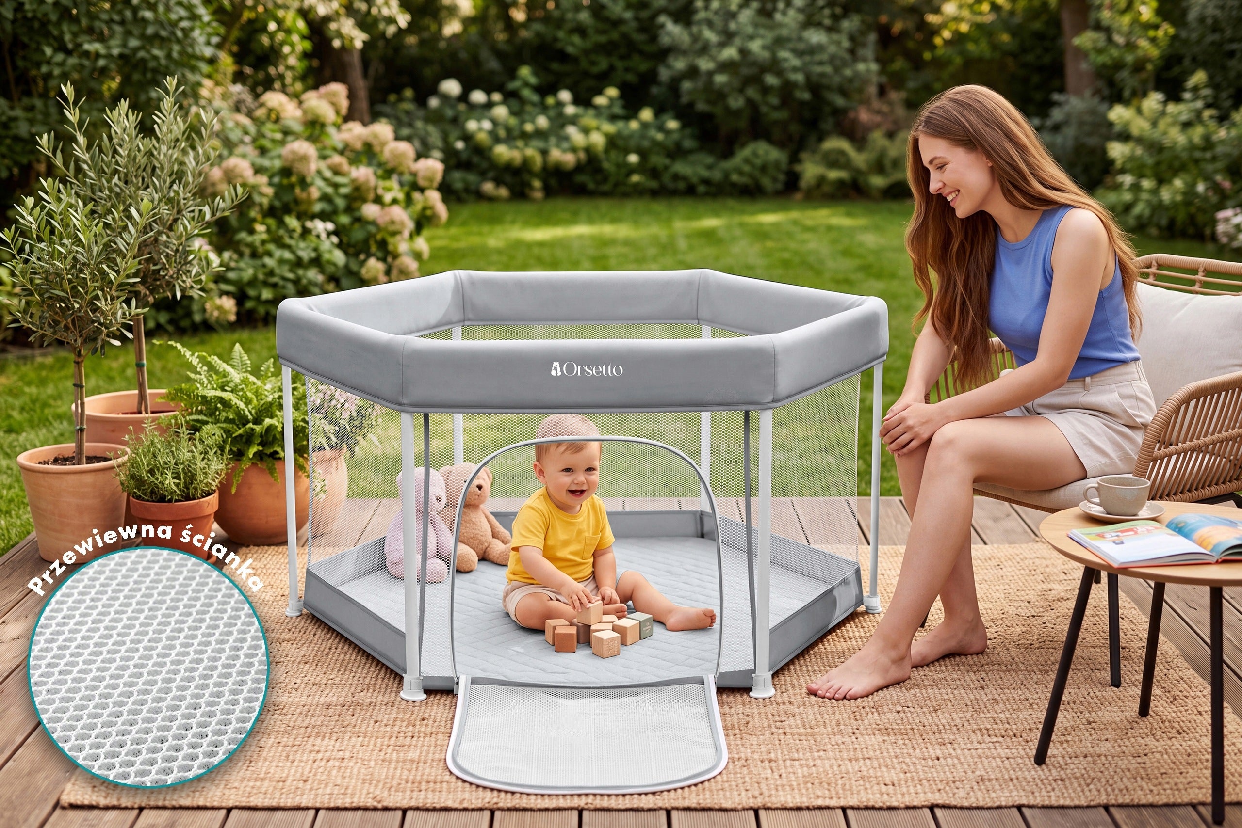 CHILDREN'S PLAYPEN HEXAGONAL ORSETTO AUTOMATICALLY FOLDING QUICKFOLD GREY Kind playpen