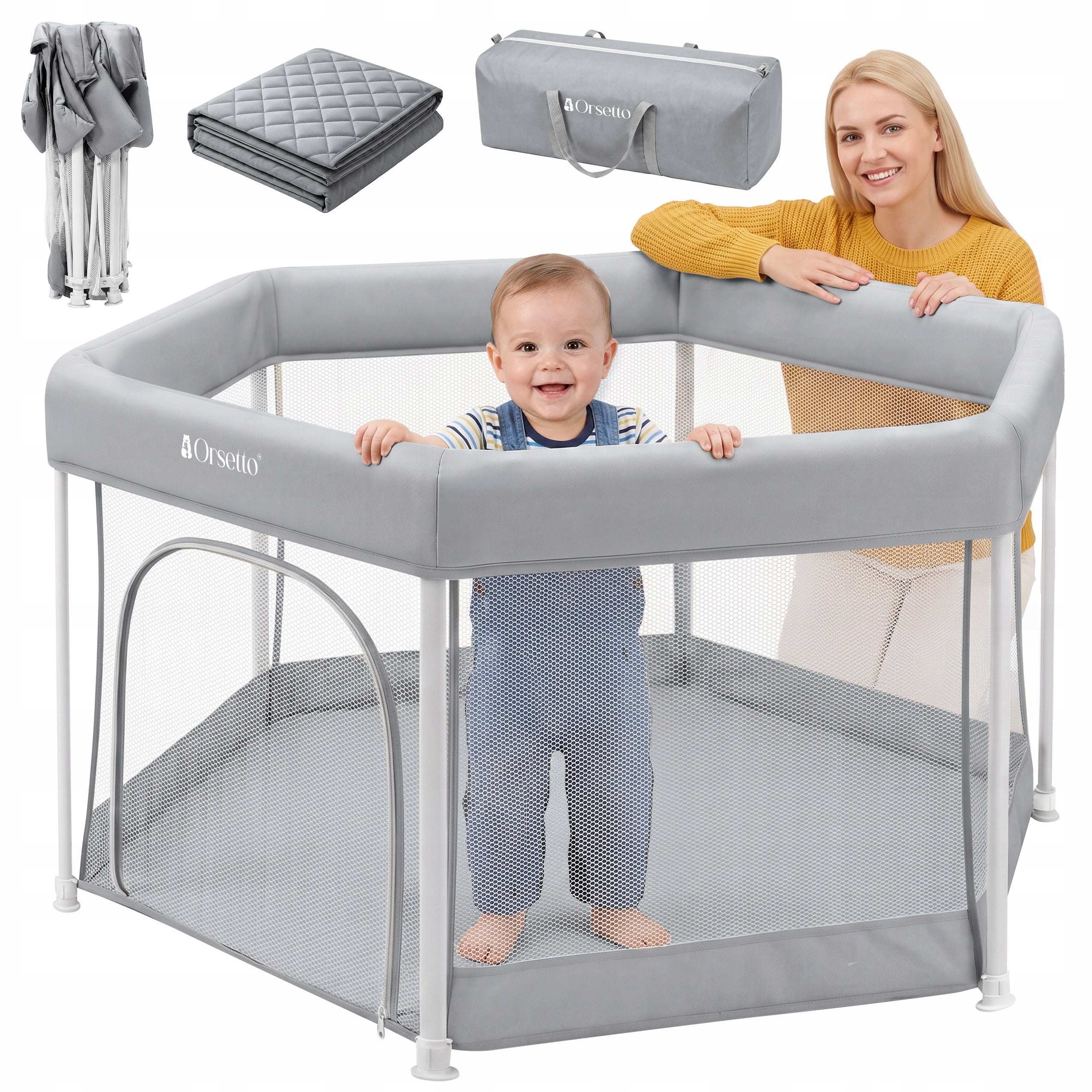 CHILDREN'S PLAYPEN HEXAGONAL ORSETTO AUTOMATICALLY FOLDING QUICKFOLD GREY