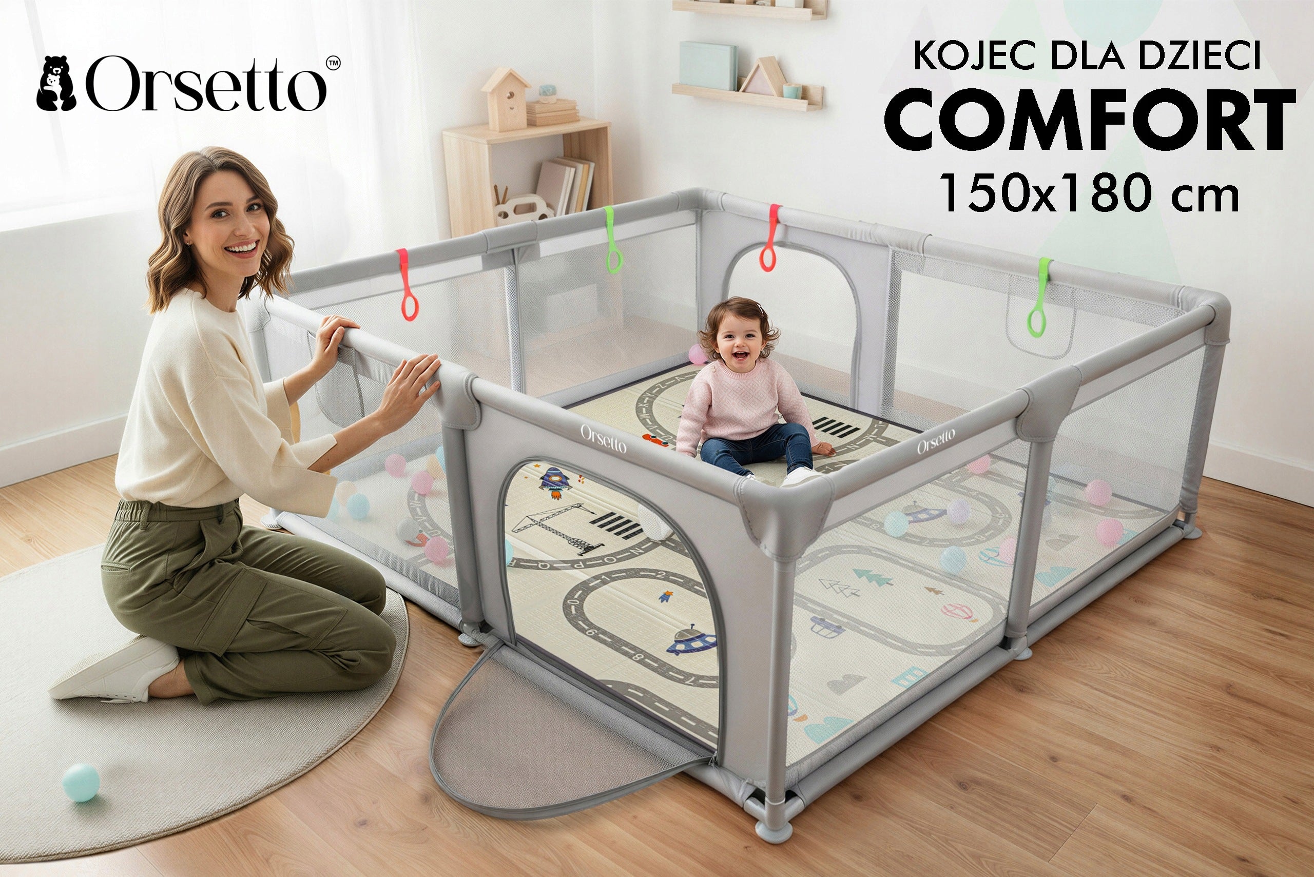 CHILDREN'S PLAYPEN SQUARE TOYS WITH FOAM MAT 150x180 cm + 4 HANDLES 50 BALLS Manufacturer code 4309487855599