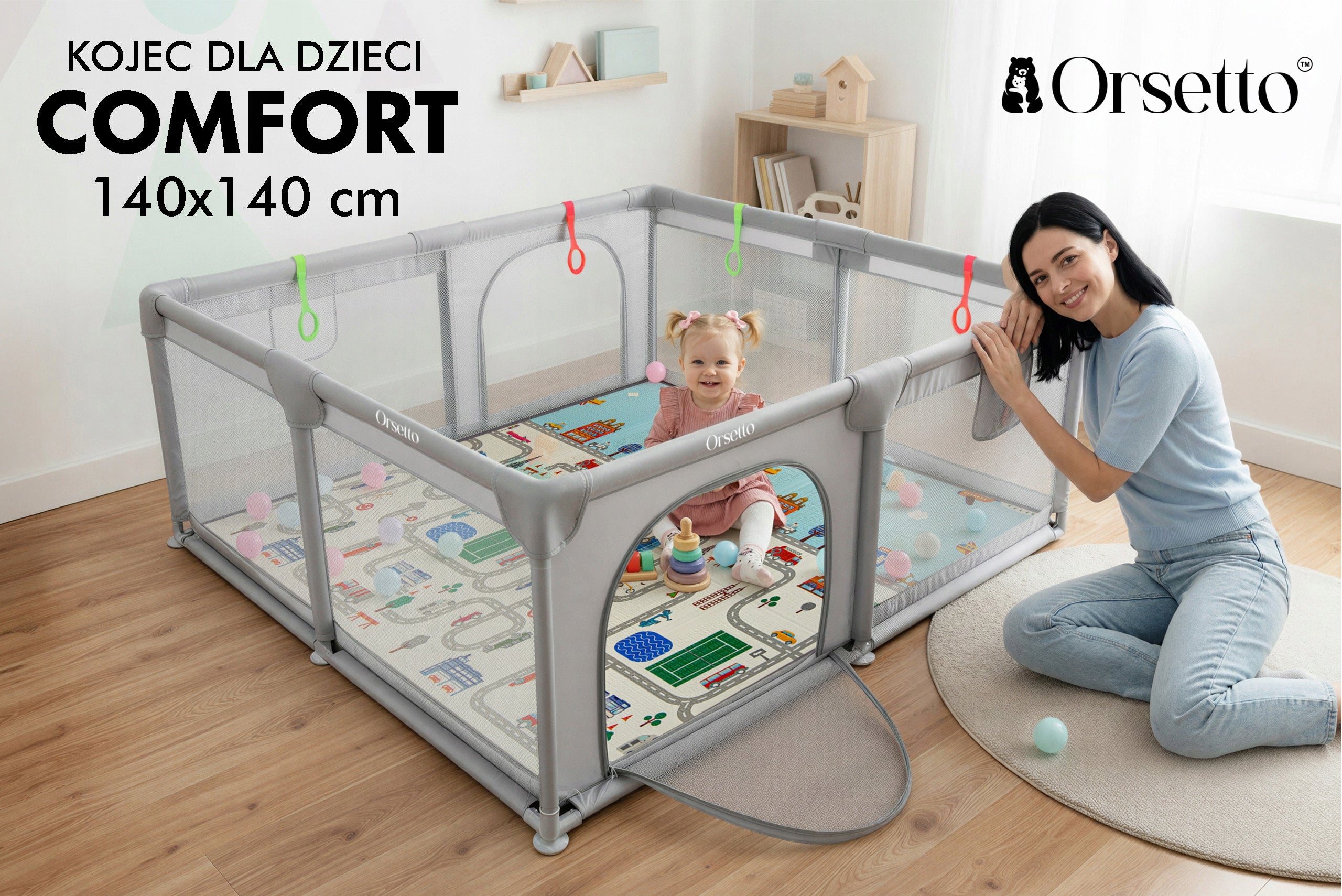 CHILDREN'S PLAYPEN WITH FOAM MAT 140x140 cm DRY POOL + HANDLES AND 50 BALLS Brand Orsetto