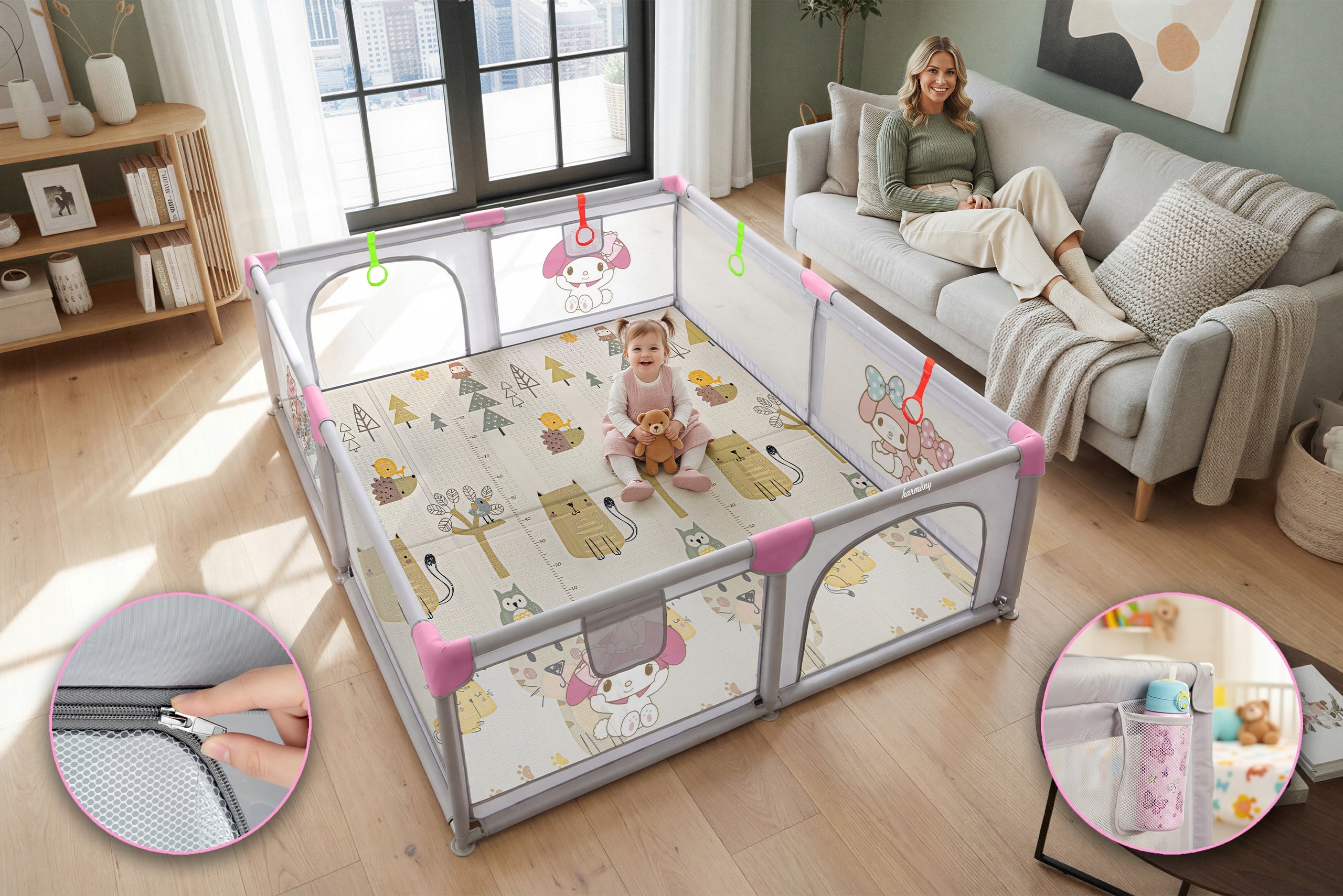 CHILDREN'S PLAYPEN WITH FOAM MAT 150x180 CM SQUARE TOYS + HANDLES AND 50 BALLS Product width 150 cm