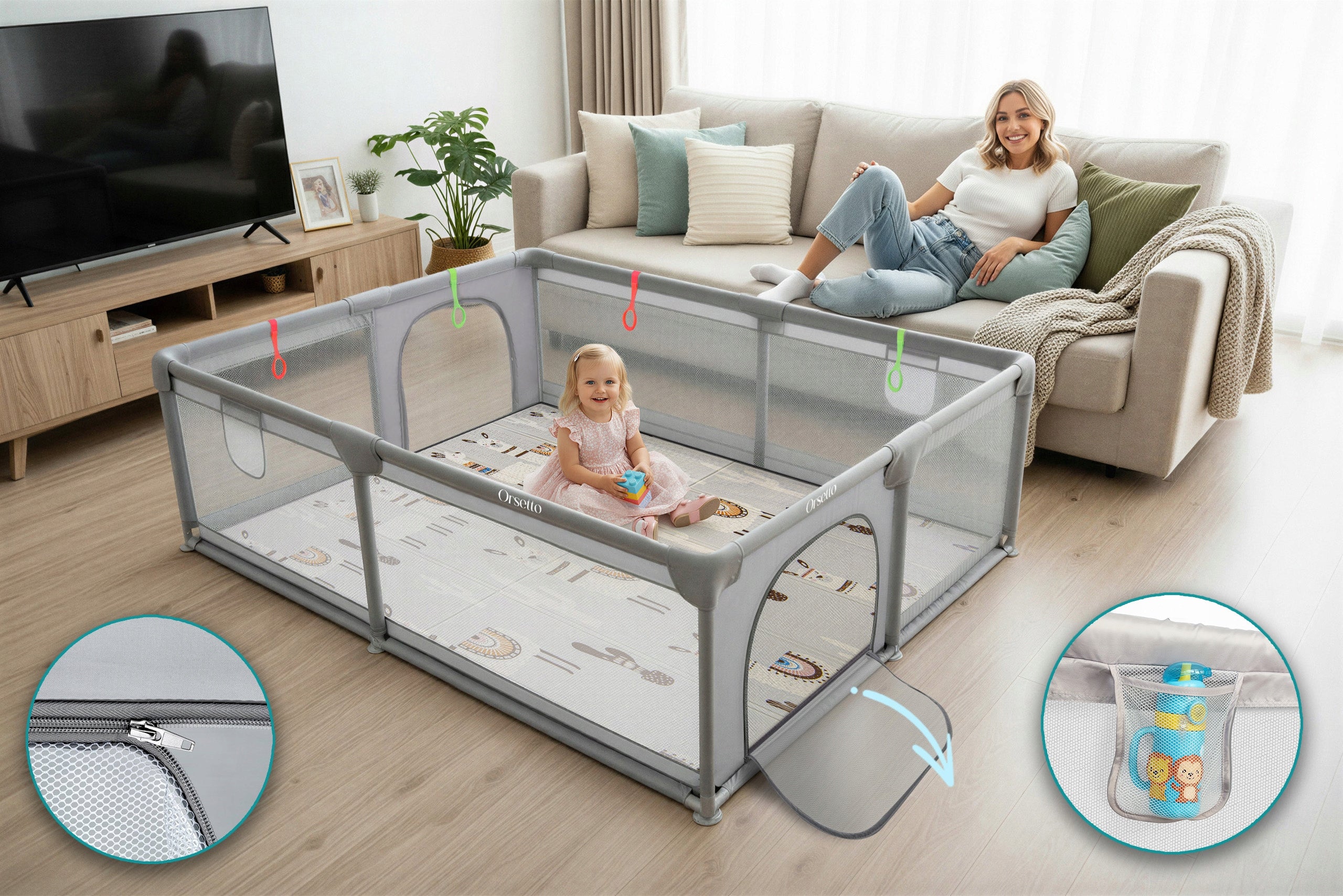 CHILDREN'S PLAYPEN WITH FOAM MAT 150x180 cm DRY POOL + HANDLES AND 50 BALLS Product width 150 cm