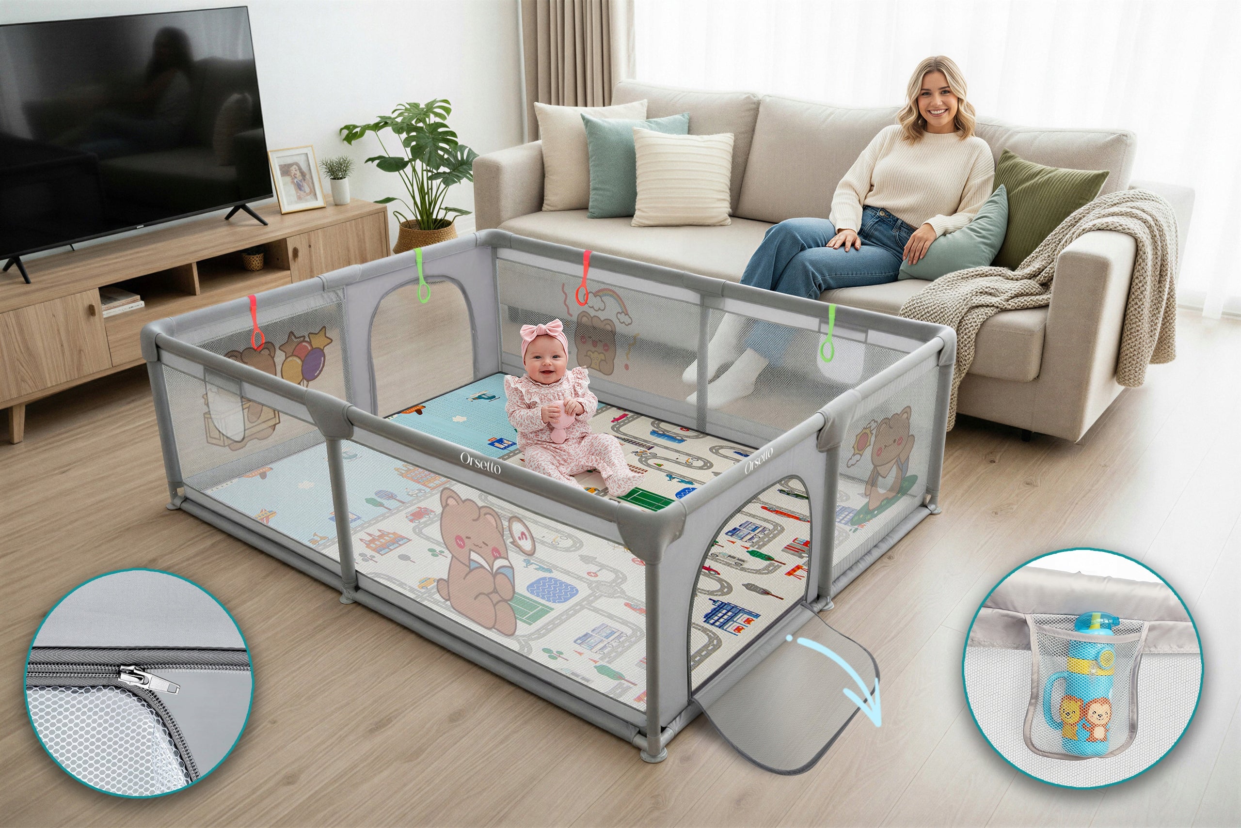 CHILDREN'S PLAYPEN WITH FOAM MAT 150x180 cm DRY POOL + HANDLES AND 50 BALLS Product width 150 cm