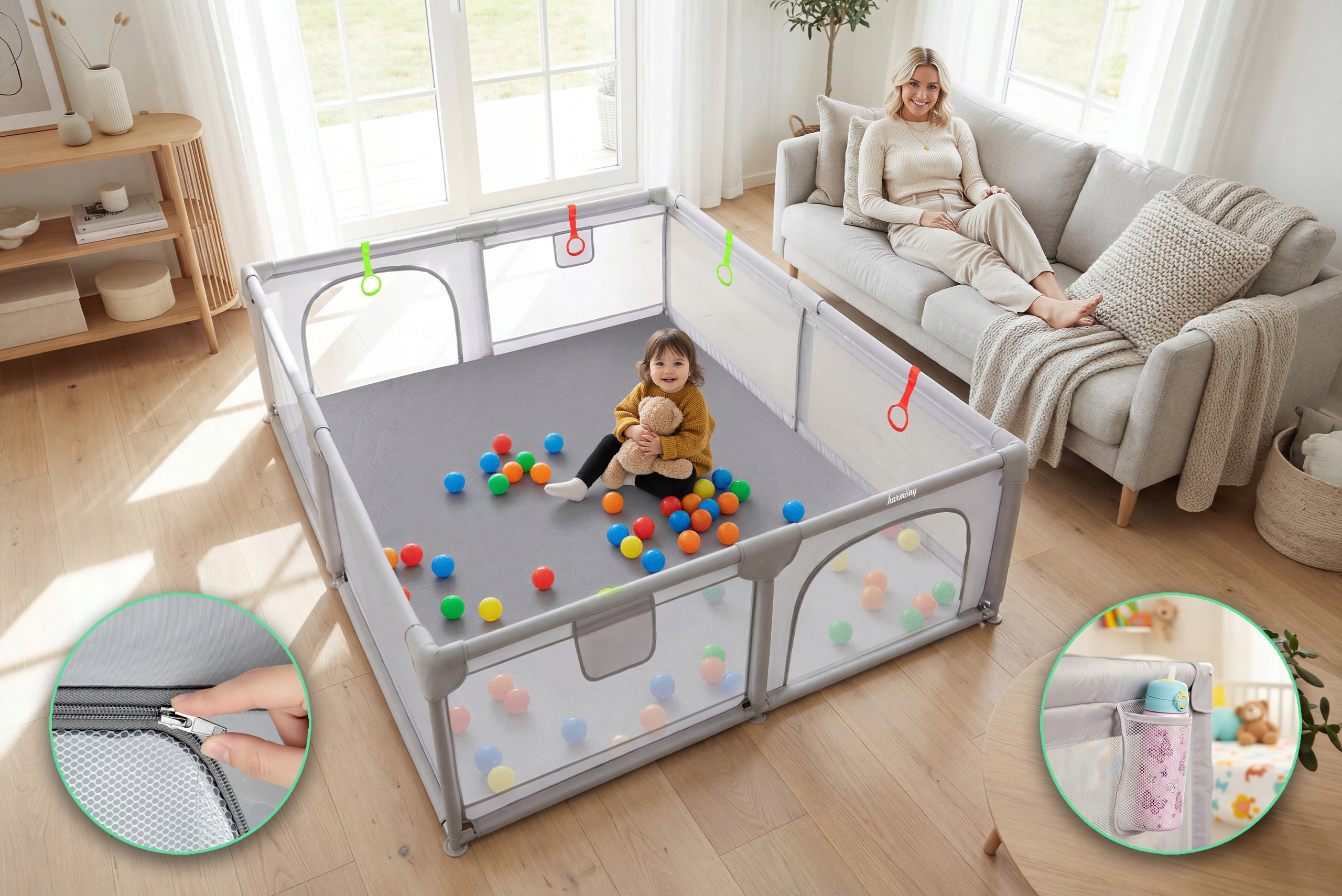 CHILDREN'S PLAYPEN XXL 180x200 cm SQUARE TOYS DRY POOL + HANDLES AND 50 BALLS Product width 180 cm