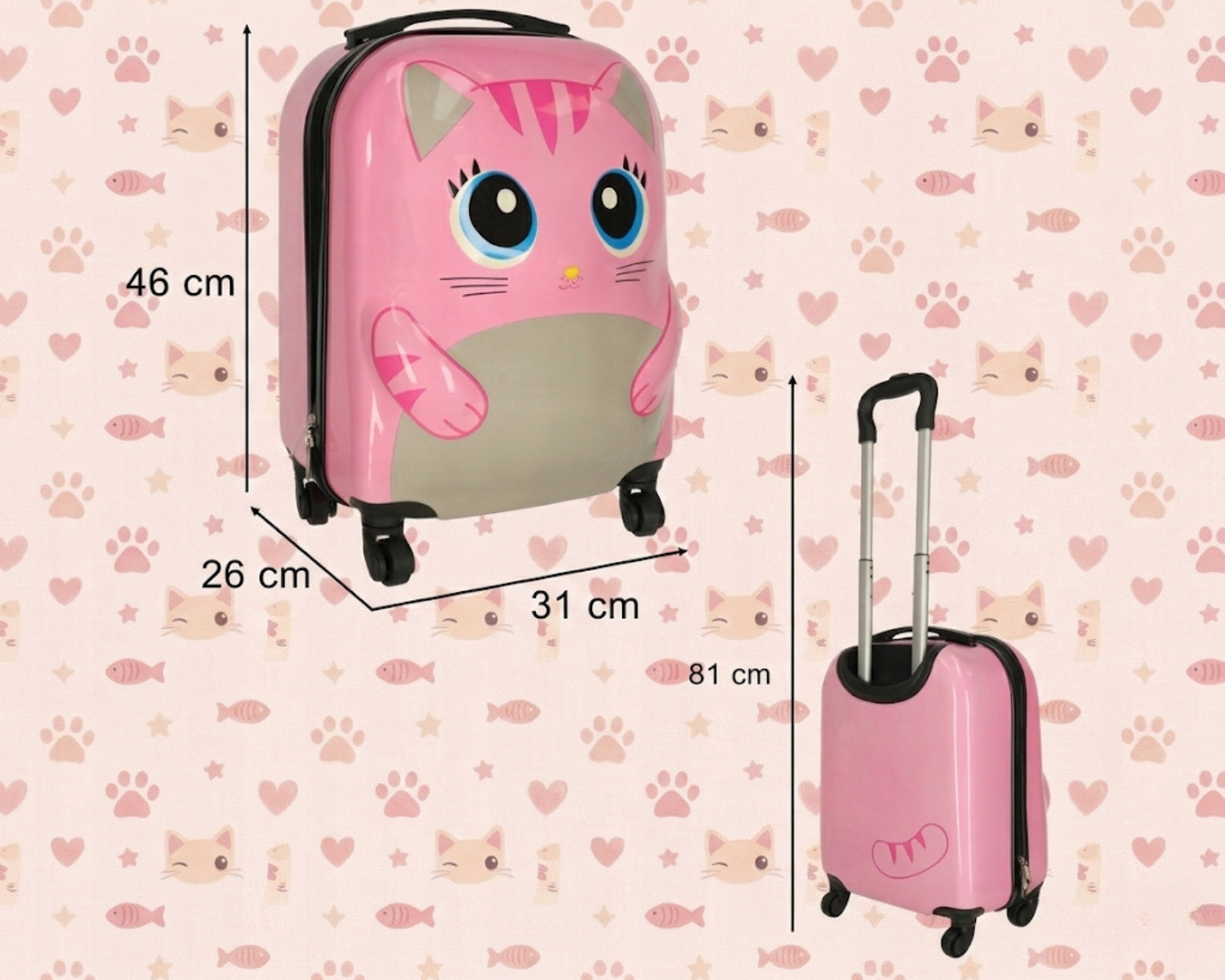 CHILDREN'S TRAVEL CABIN SUITCASE FOR CHILDREN ON WHEELS CAT PINK Depth (shorter edge) 26 cm