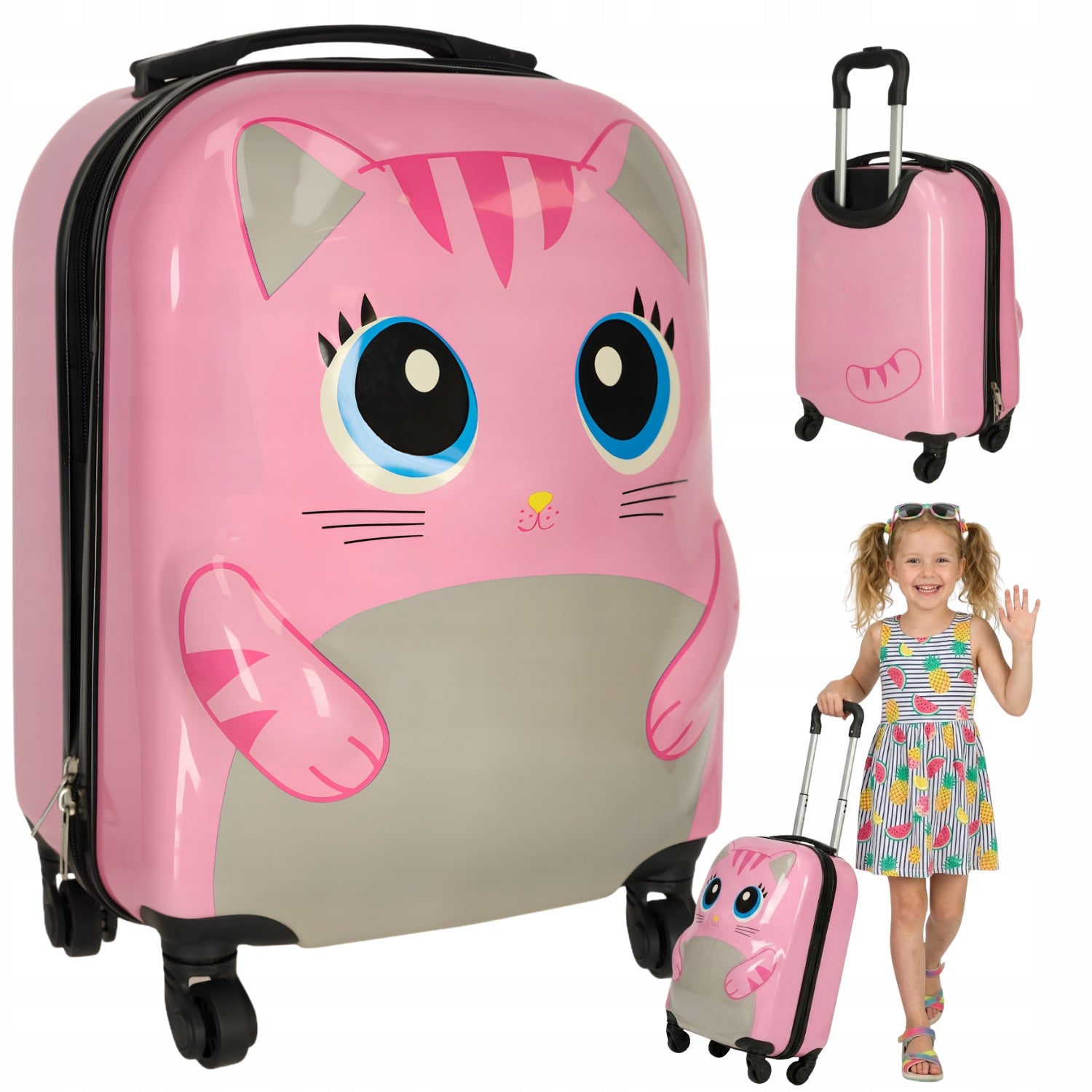 CHILDREN'S TRAVEL CABIN SUITCASE FOR CHILDREN ON WHEELS CAT PINK