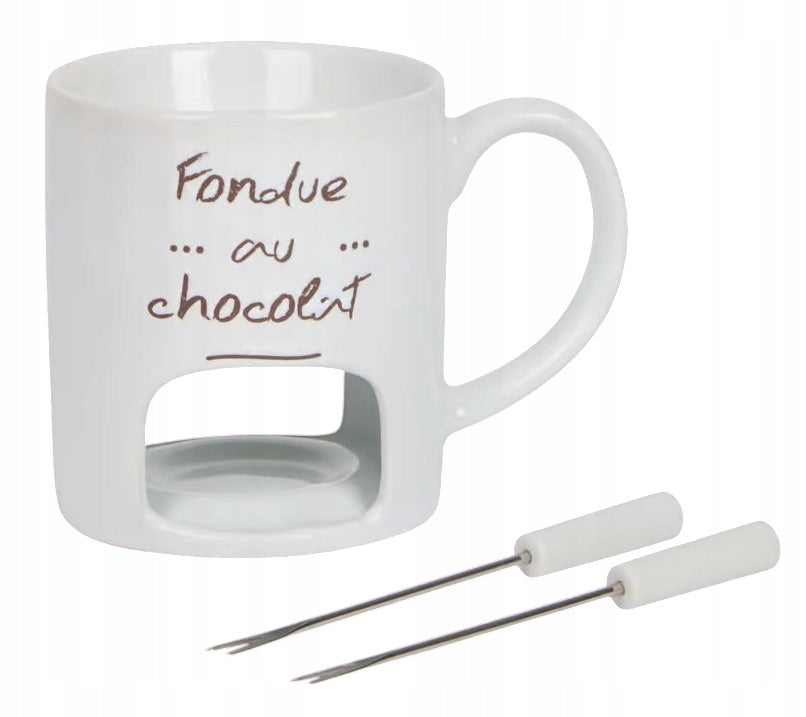 CHOCOLATE FONDUE MUG CERAMIC HEATER + 2 FORKS SET