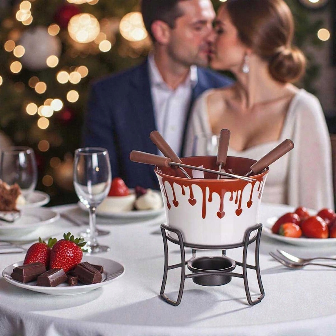 CHOCOLATE FONDUE SET - CERAMIC BOWL, STAND, 4 FORKS Brand Banquet