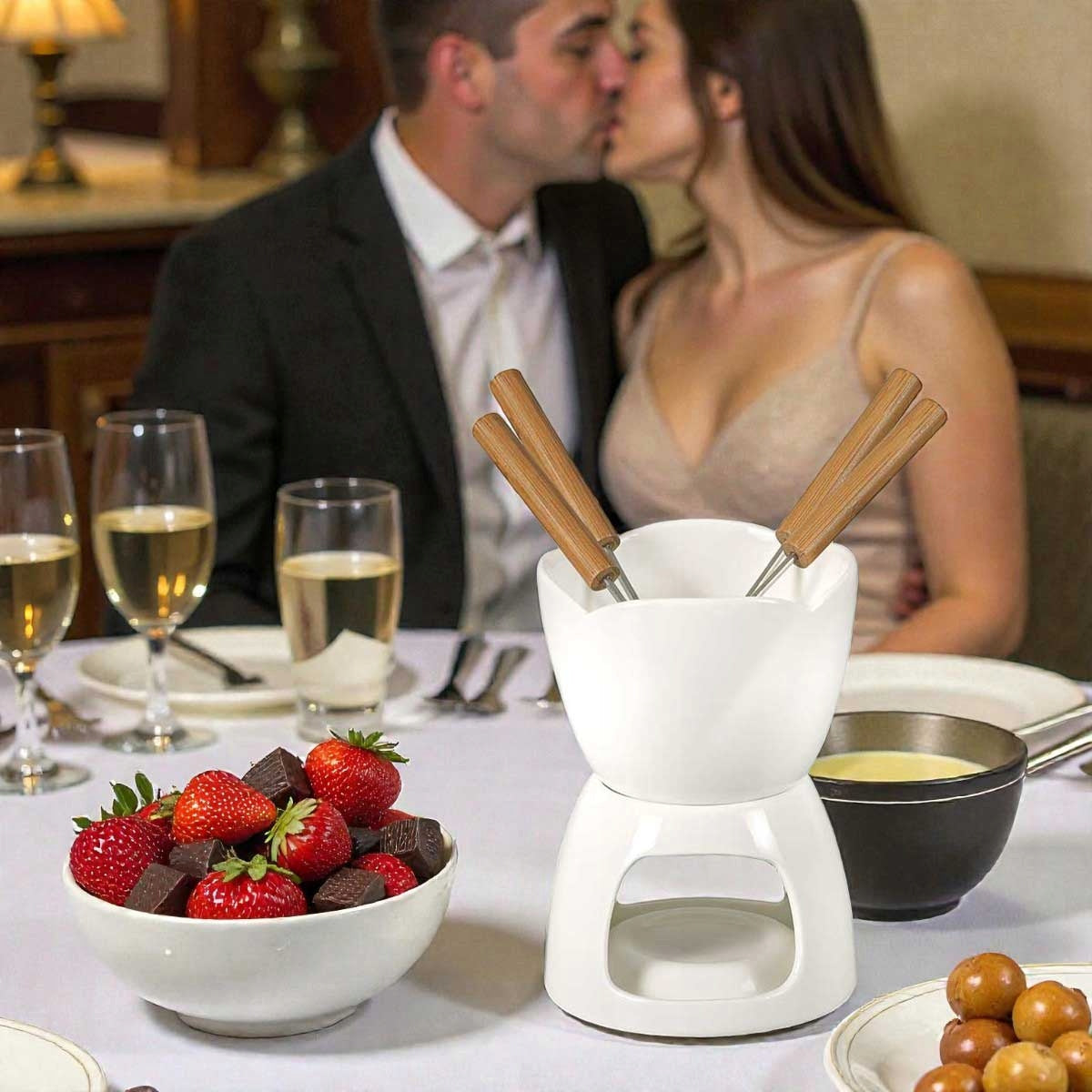 CHOCOLATE FONDUE SET + FORKS BANQUET BIANCA Packaging status original