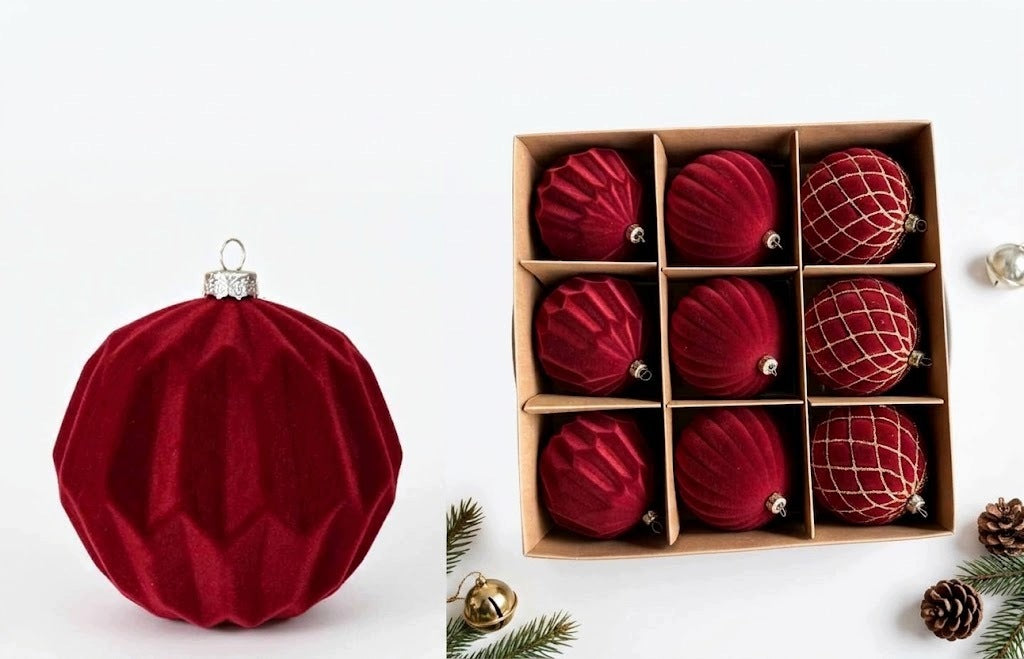 CHRISTMAS BALLS RED VELOUR 8 CM SET OF 9 CHRISTMAS DECORATIONS