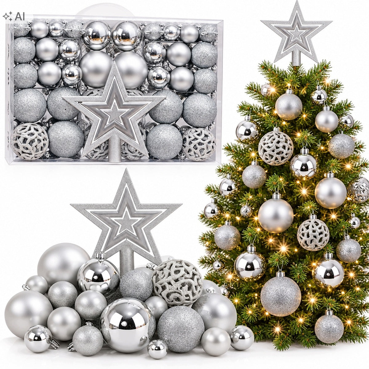 CHRISTMAS BALLS SILVER 100 PCS UNBREAKABLE SET XXL CHRISTMAS DECORATIONS