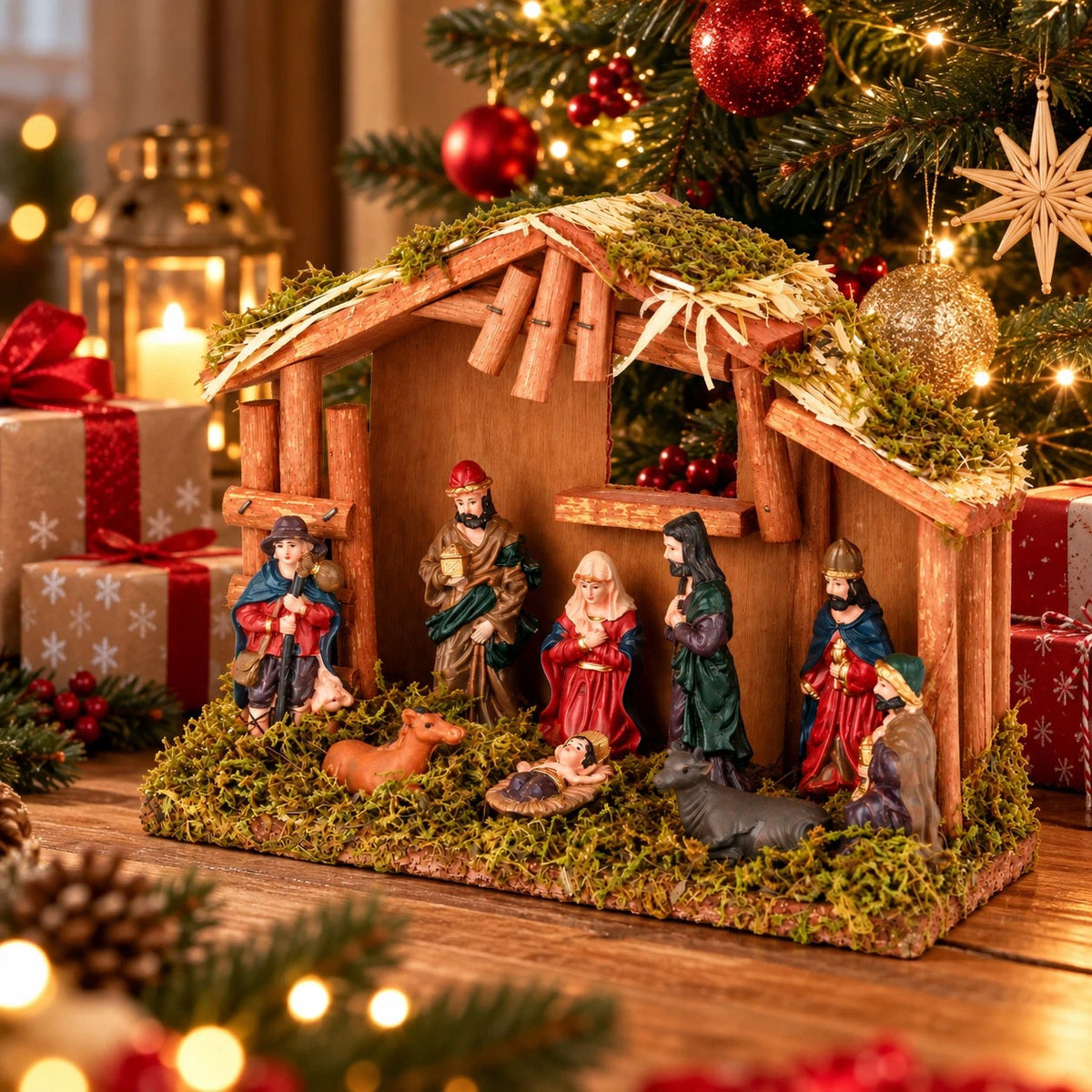 CHRISTMAS CRIB with figurines stable of Bethlehem under the Christmas tree 24 cm Manufacturer code SZOPKA BOŻONARODZENIOWA STAJENKA