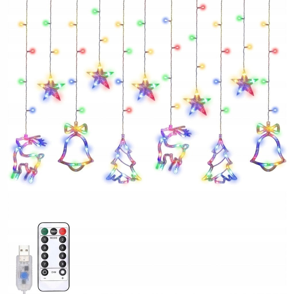 CHRISTMAS CURTAIN LED REINDEER BELLS USB REMOTE CONTROL 8 MODES TIMER MULTICOLOR