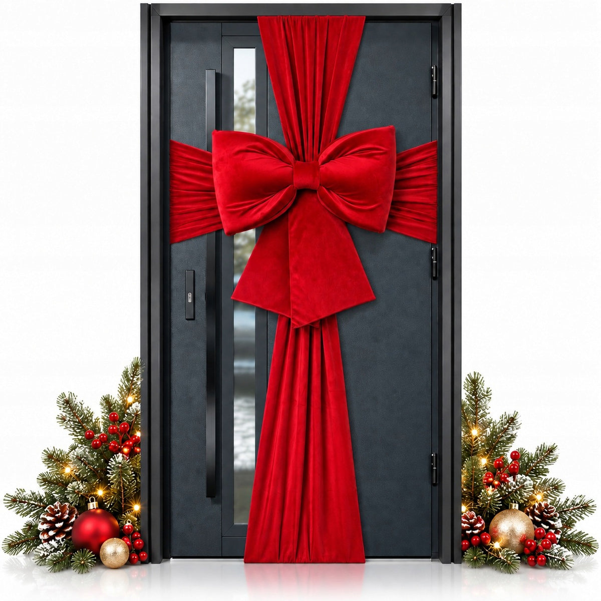 CHRISTMAS DOOR BOW RED SASH DECORATION RIBBON VELOUR WREATH