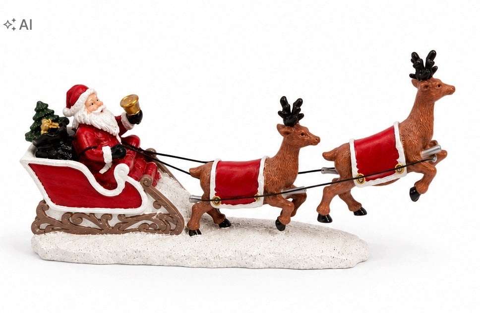 CHRISTMAS FIGURINE SANTA CLAUS IN A SLEIGH WITH REINDEER TABLE DECORATION 15 X 7 CM