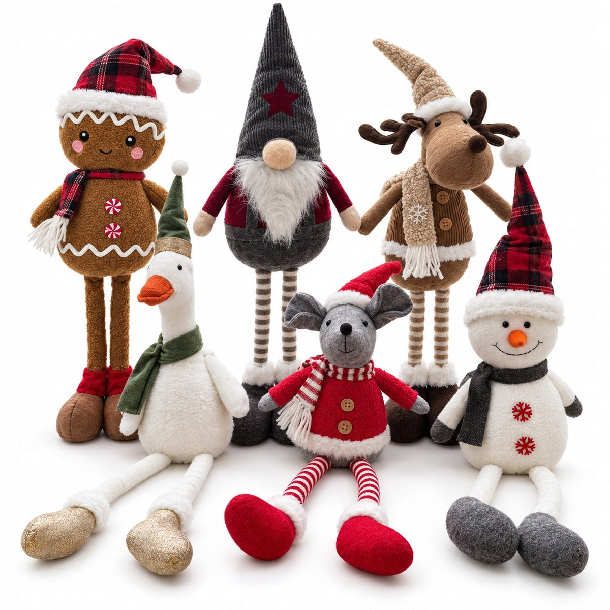 CHRISTMAS FIGURINES SET OF 6 LARGE PLUSH STANDING CHRISTMAS DECORATIONS