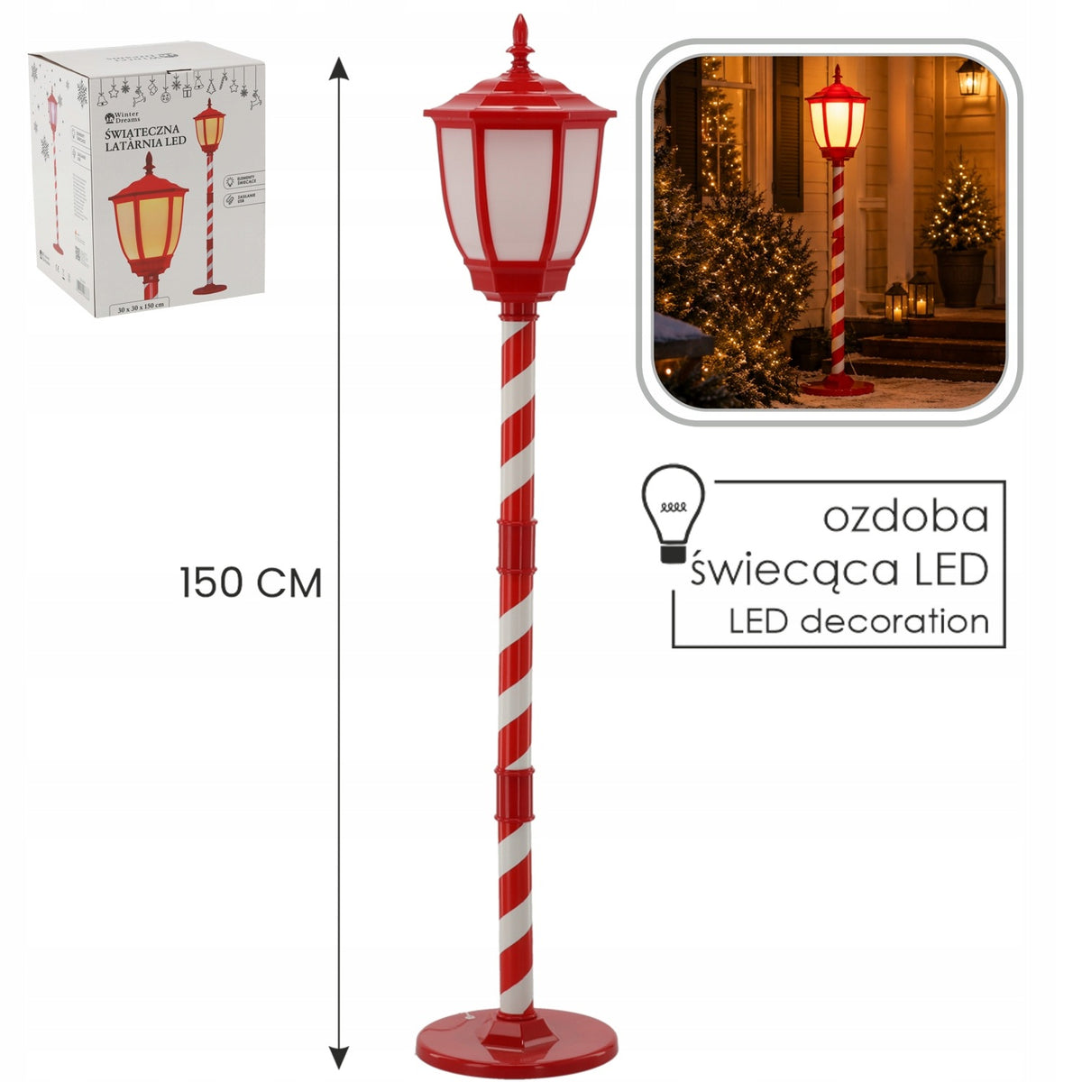 CHRISTMAS LANTERN 30 x 30 x 150 CM RED WARM WHITE LED *3868