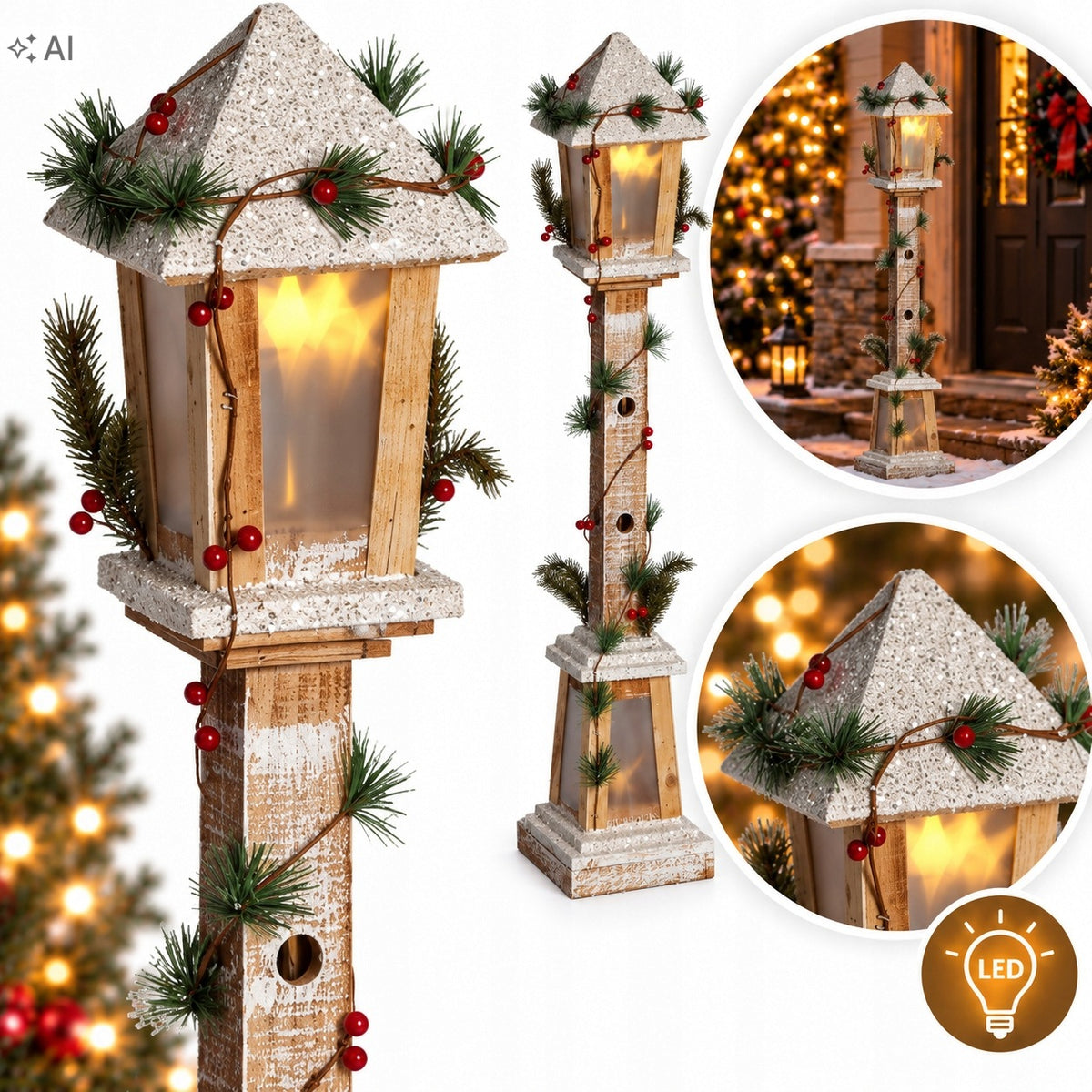 CHRISTMAS LANTERN WOODEN WHITE LED 85 CM CHRISTMAS LANTERN