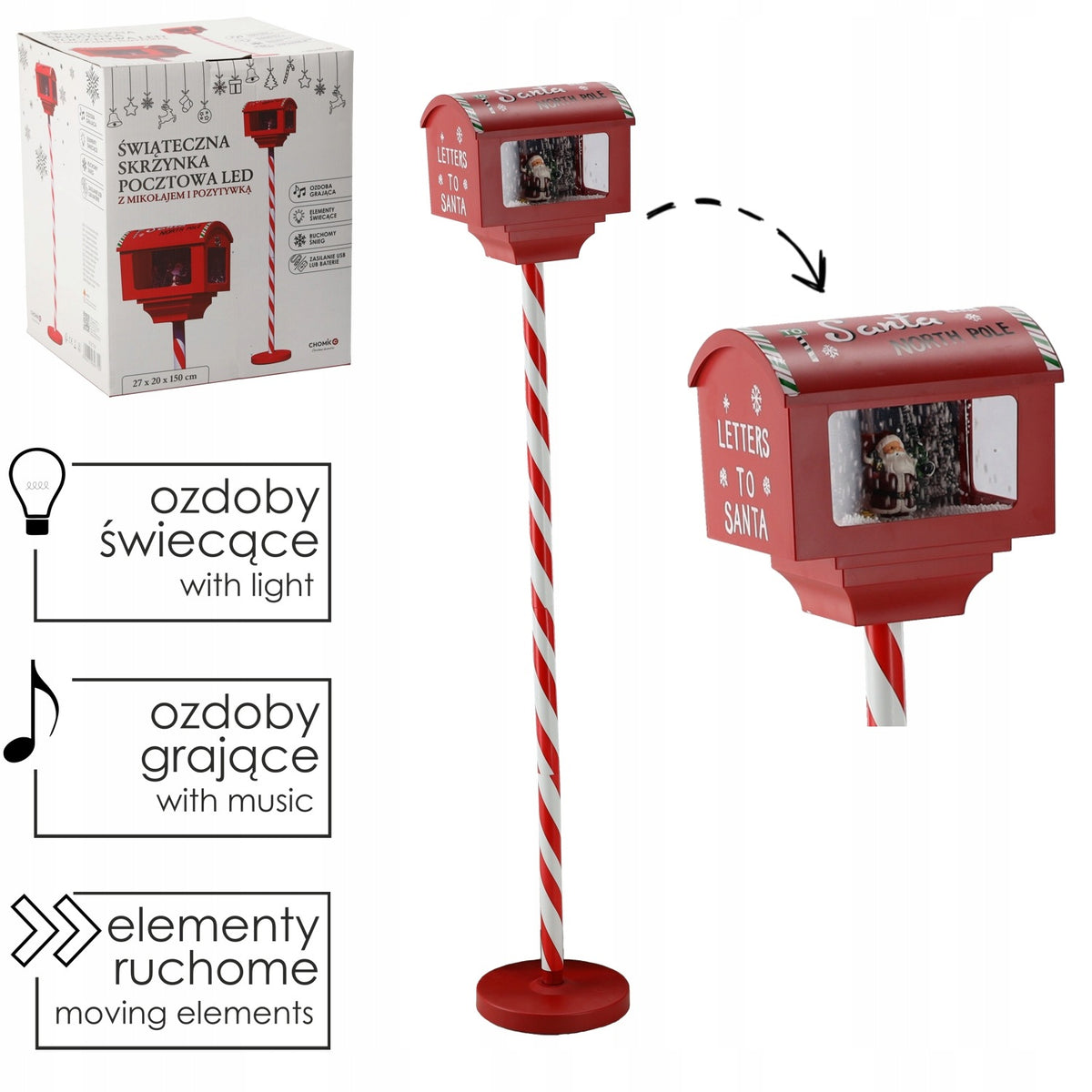CHRISTMAS MAILBOX LED 150 CM SANTA SNOW MUSIC USB MUSIC BOX Brand Chomik
