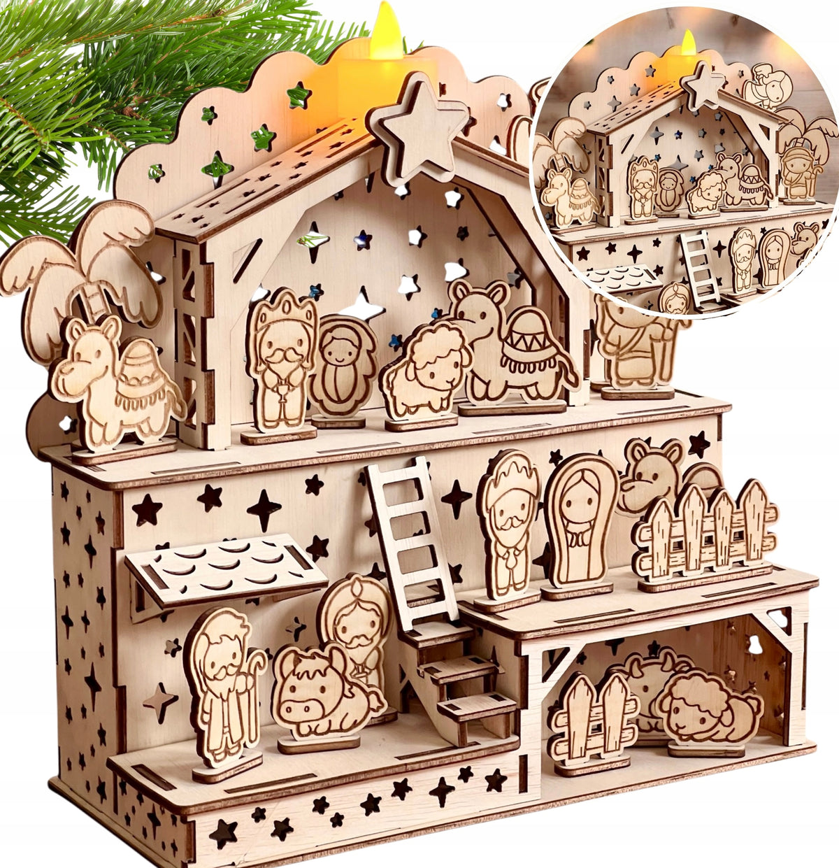 CHRISTMAS NATIVITY SCENE Wooden Figurines STABLE large Christmas Caroling