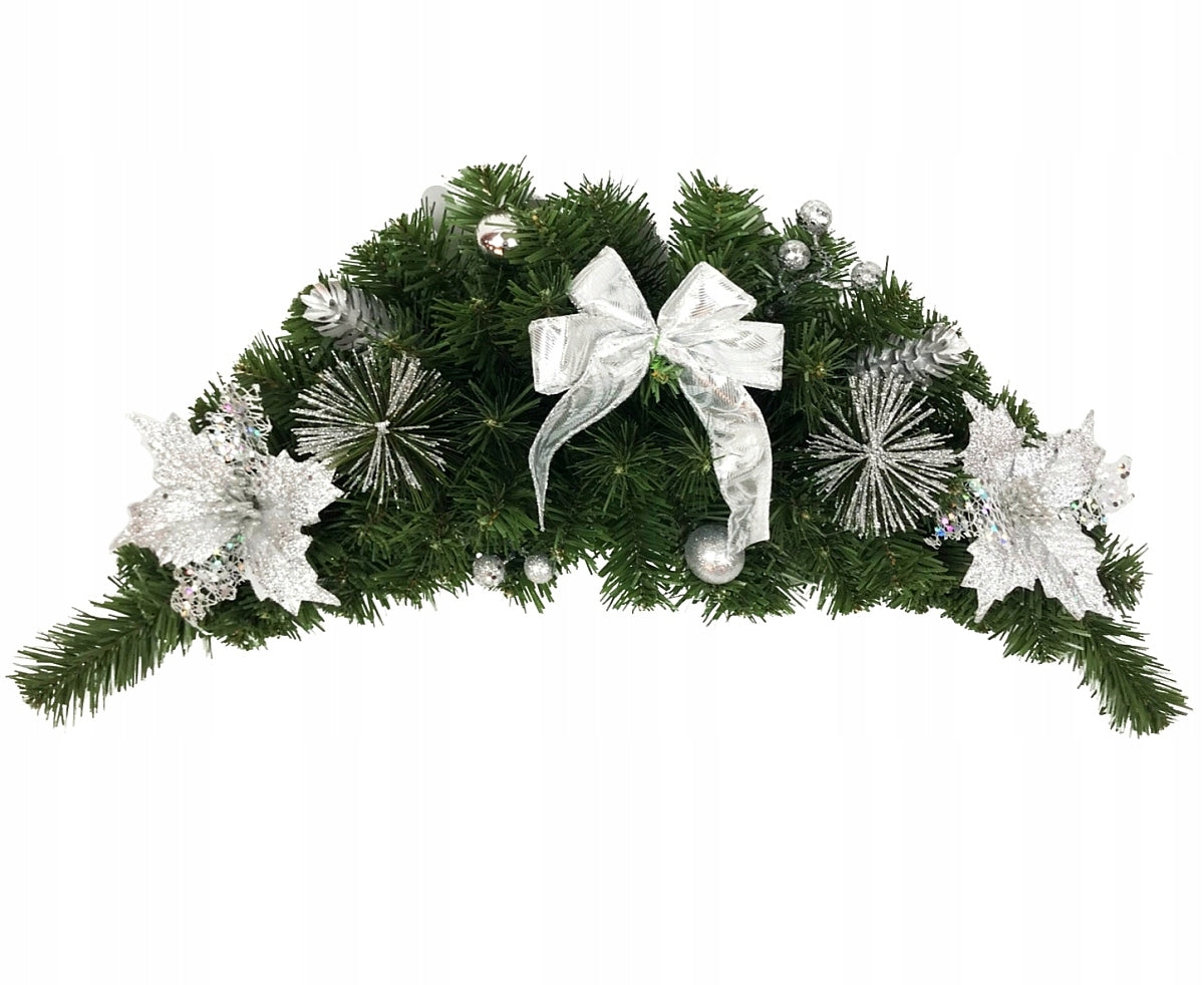 CHRISTMAS REED SILVER GARLAND WITH ORNAMENTS WREATH FOR GRAVE CEMETERY 60cm