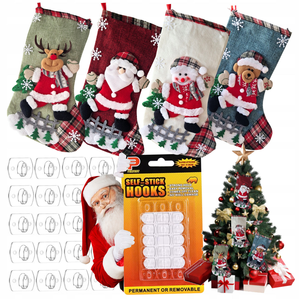 CHRISTMAS SOCK FOR GIFT LARGE FOR FIREPLACE Decorative Window + Hooks