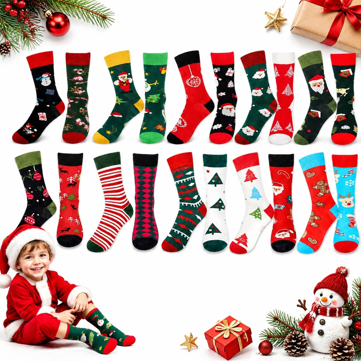 CHRISTMAS SOCKS 24 PCS 12 PAIRS GIFT SET RANDOM SANTA DESIGNS