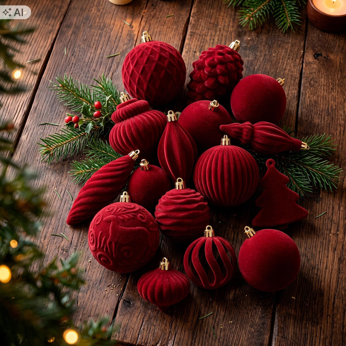CHRISTMAS TREE BAUBLES 18 PCS CHRISTMAS ORNAMENTS BURGUNDY VELOUR UNBREAKABLE SET Packaging status original